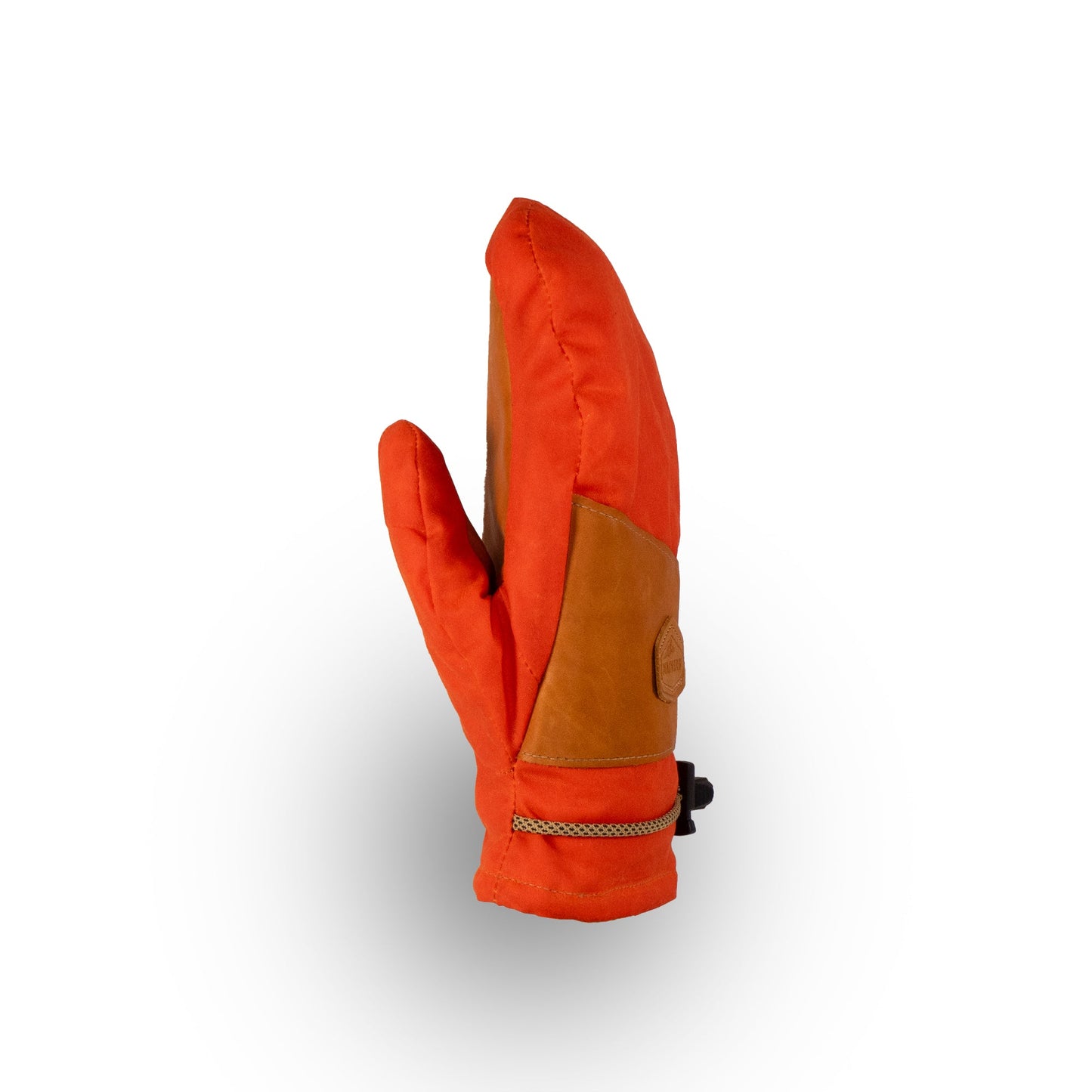 The Portland Mitts by Mainers boast an orange and brown design featuring a leather palm and strap, accentuated with intricate stitching. These mittens are crafted from waxed canvas and are presented on a white background.