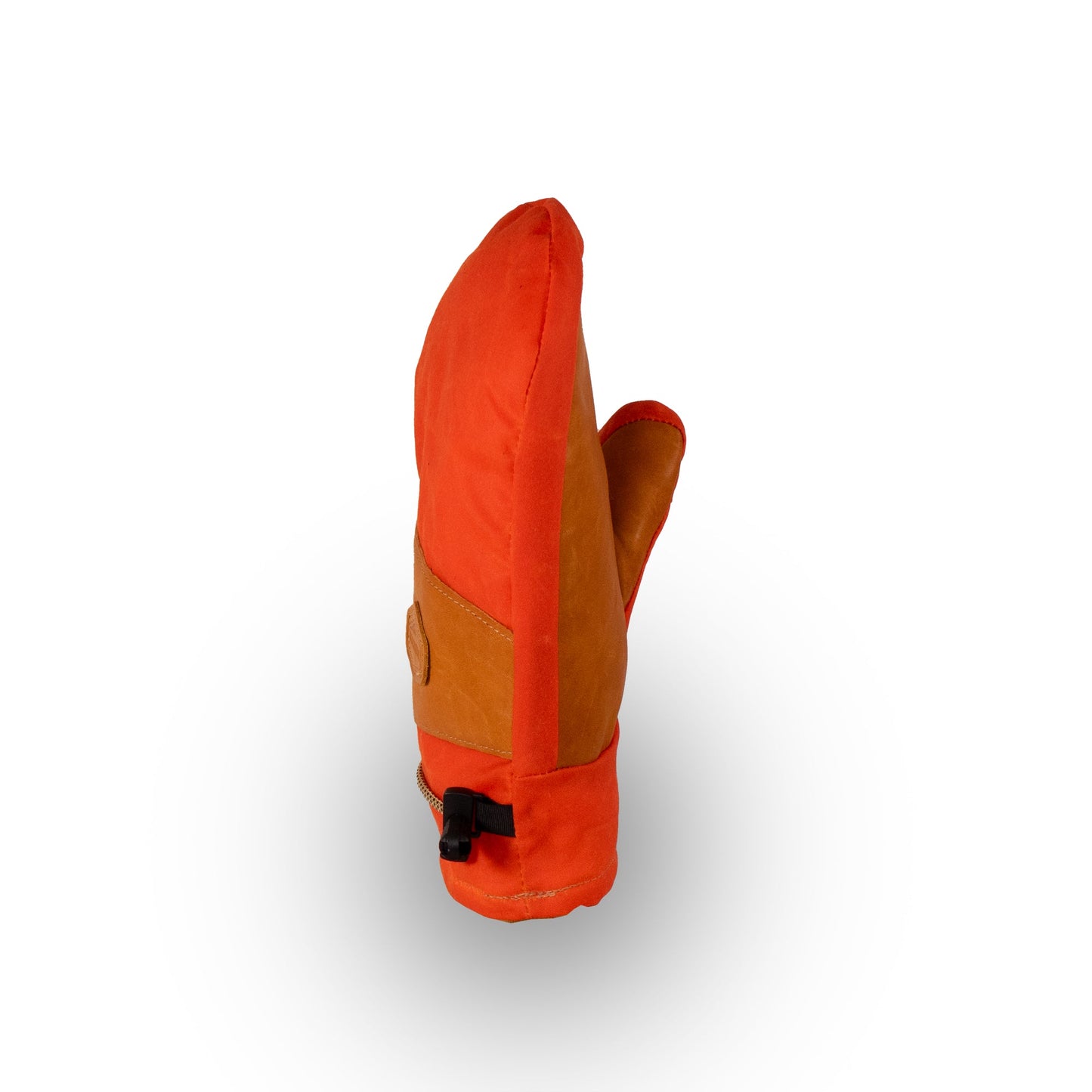 The Portland Mitt from Mainers, featuring a waxed canvas body and a durable leather palm, stands upright against a white background, highlighting its side profile in orange and brown.