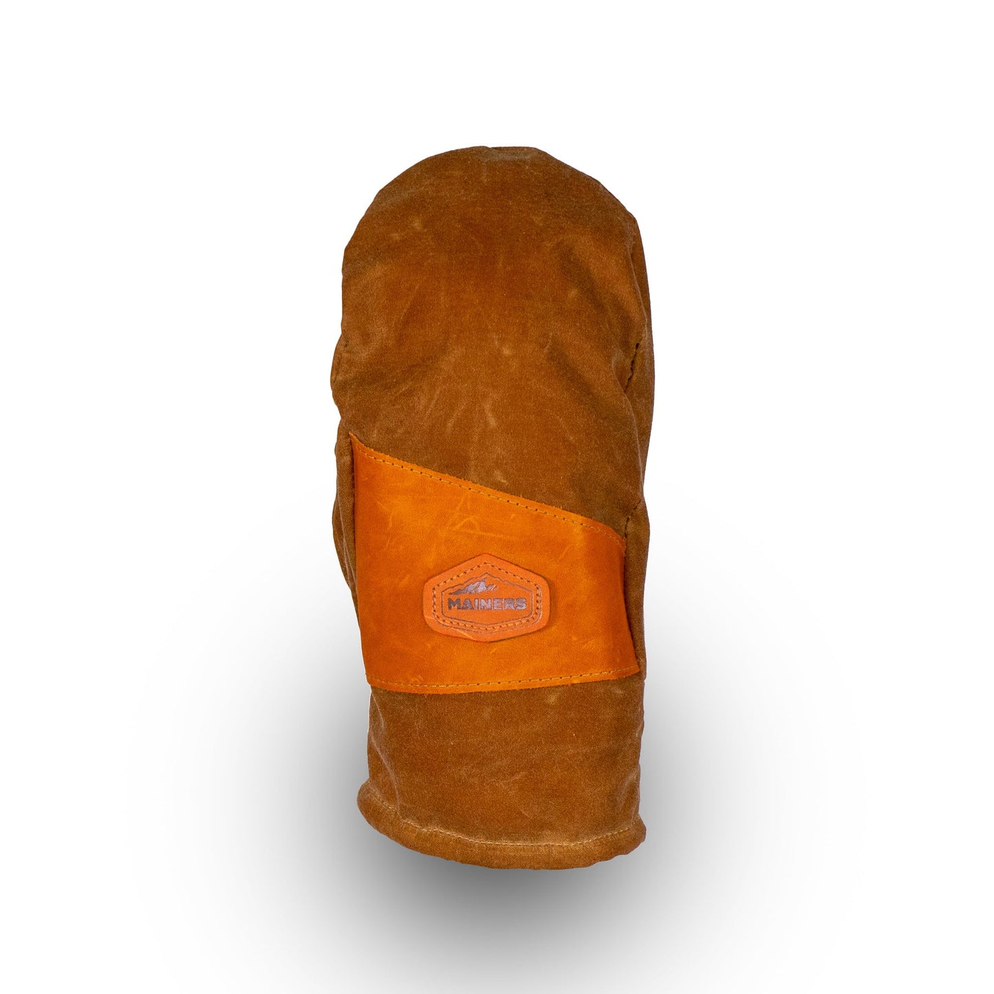 The Portland Mitts from Mainers highlight a brown leather palm and mitten design, adorned with a central logo patch that enhances their rugged style.