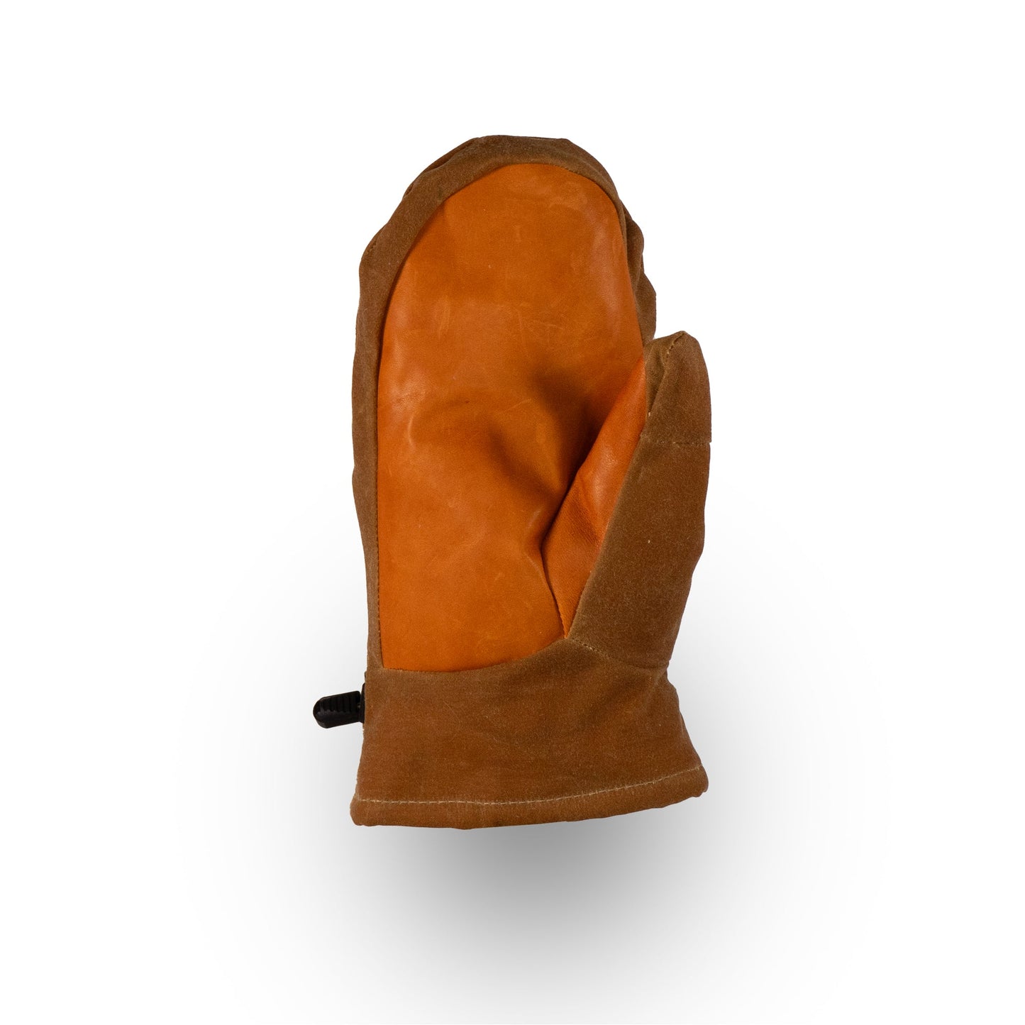 The Portland Mitts from Mainers, consisting of a single brown leather mitten with a sturdy leather palm and a black clip on the cuff, are displayed against a white background.