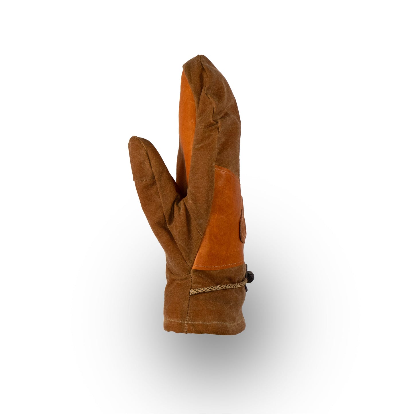 The Portland Mitts by Mainers, crafted with thick fabric and an extended cuff, feature a durable leather palm and are presented against a white background.
