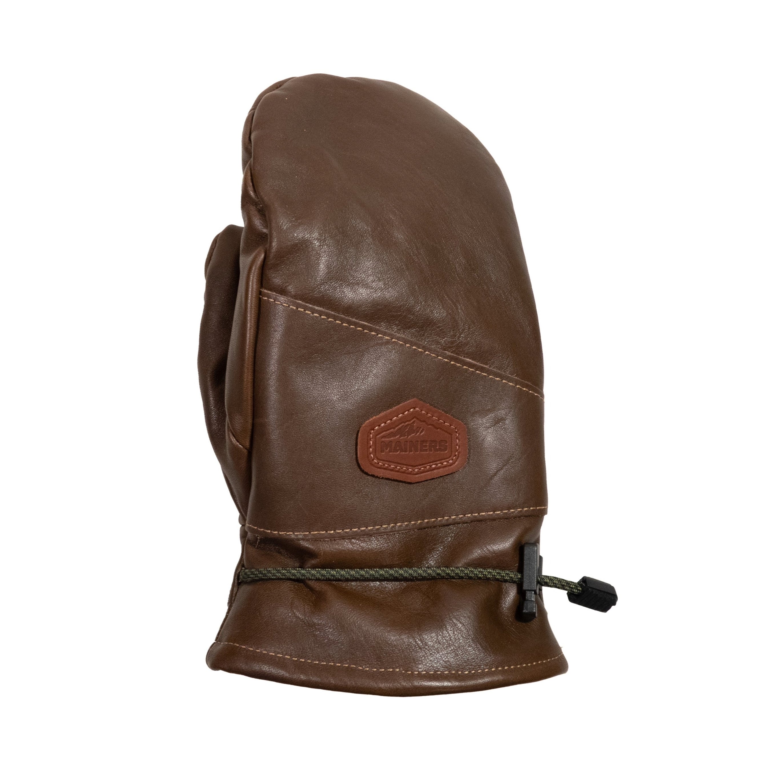 A brown leather mitten with a logo on it.
