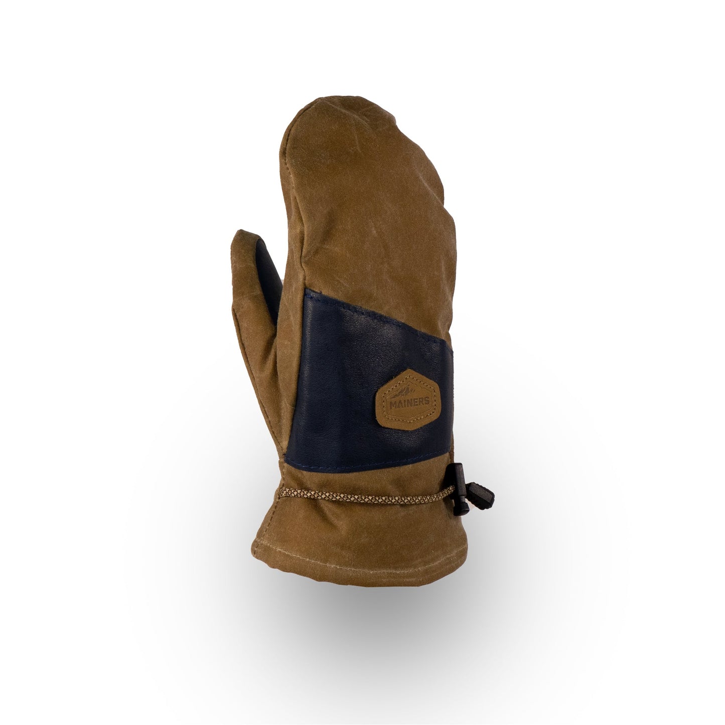 The Portland Mitts by Mainers are brown and black mittens, showcasing a leather tag, leather palm, and an adjustable strap set against a white background.