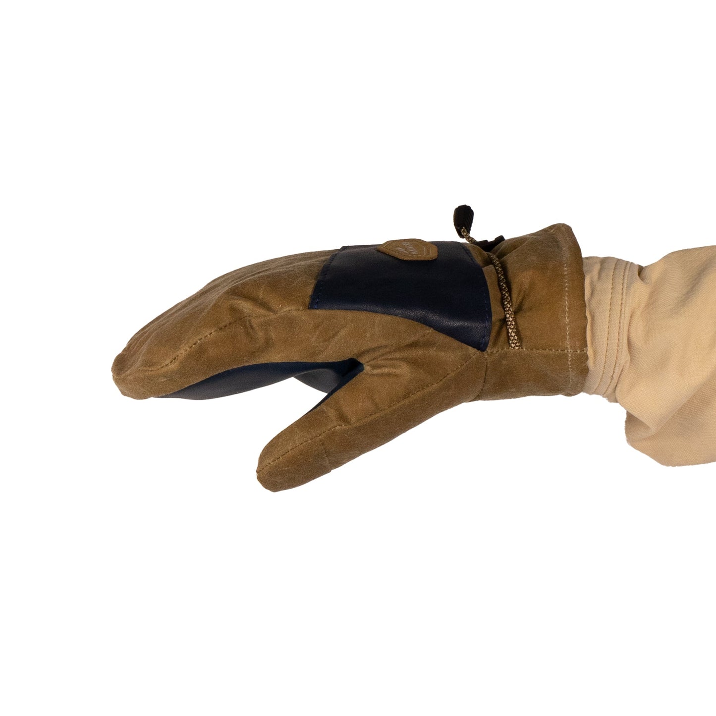 A person extending their hand is wearing the Portland Mitts by Mainers, made from waxed canvas, featuring a leather palm and drawstring closure.