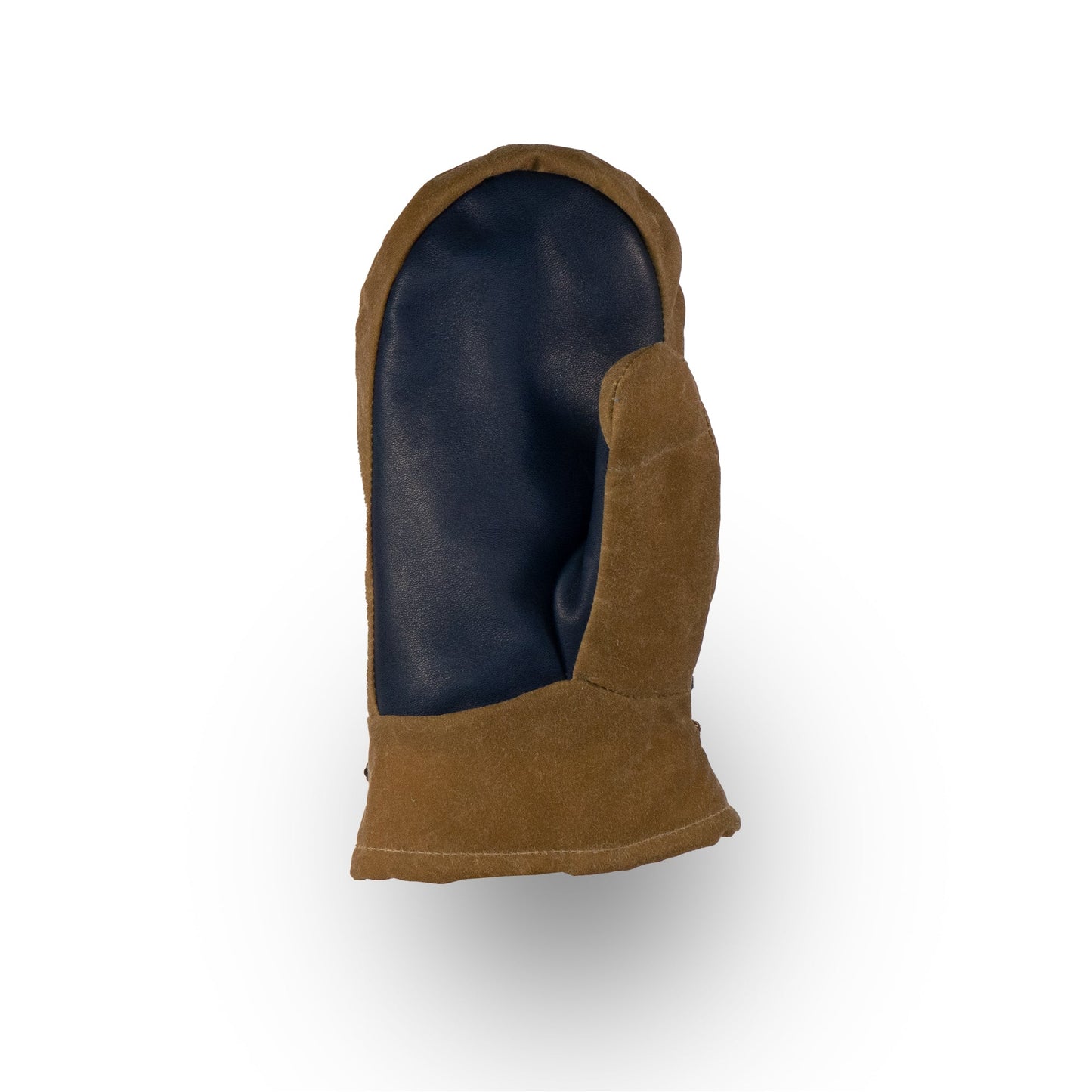 A single Mainers Portland Mitt in brown suede, featuring a leather palm and black interior, is elegantly showcased against a plain white background.