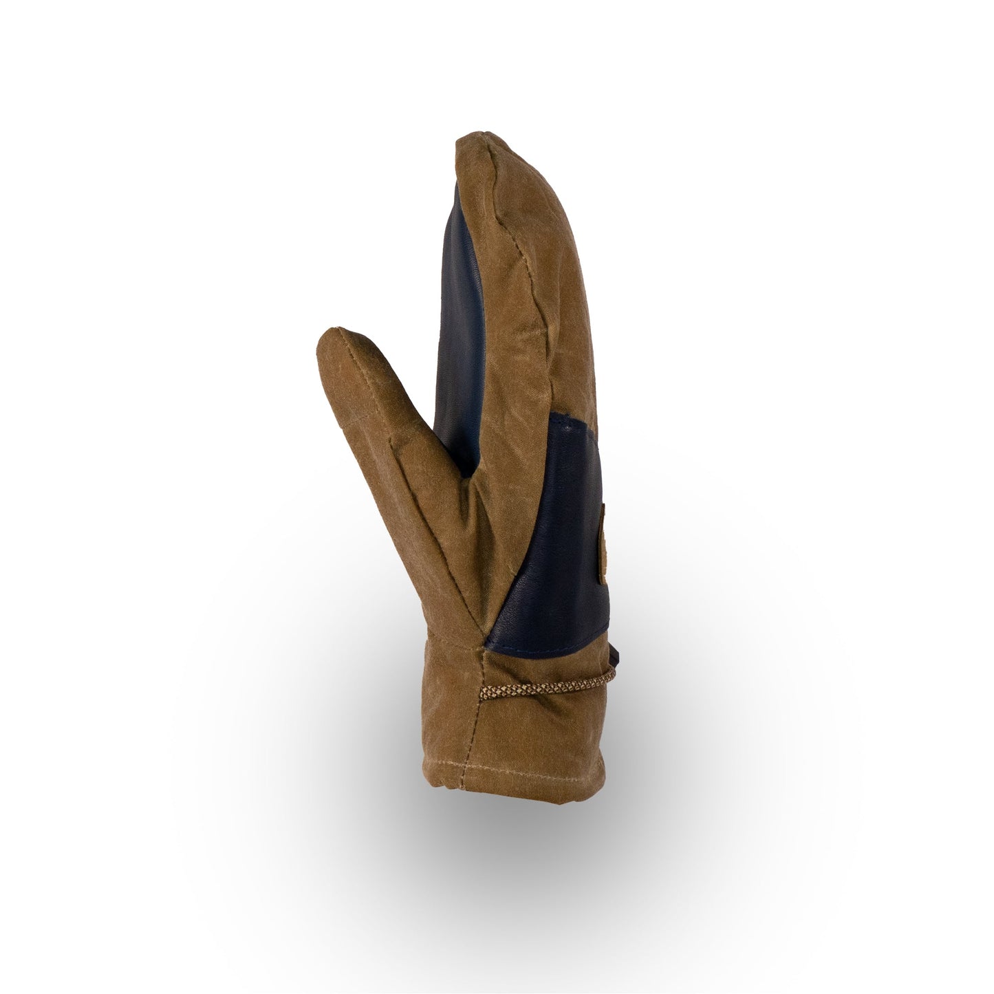 A Mainers Portland Mitts with a leather palm patch is displayed standing upright on a white background.