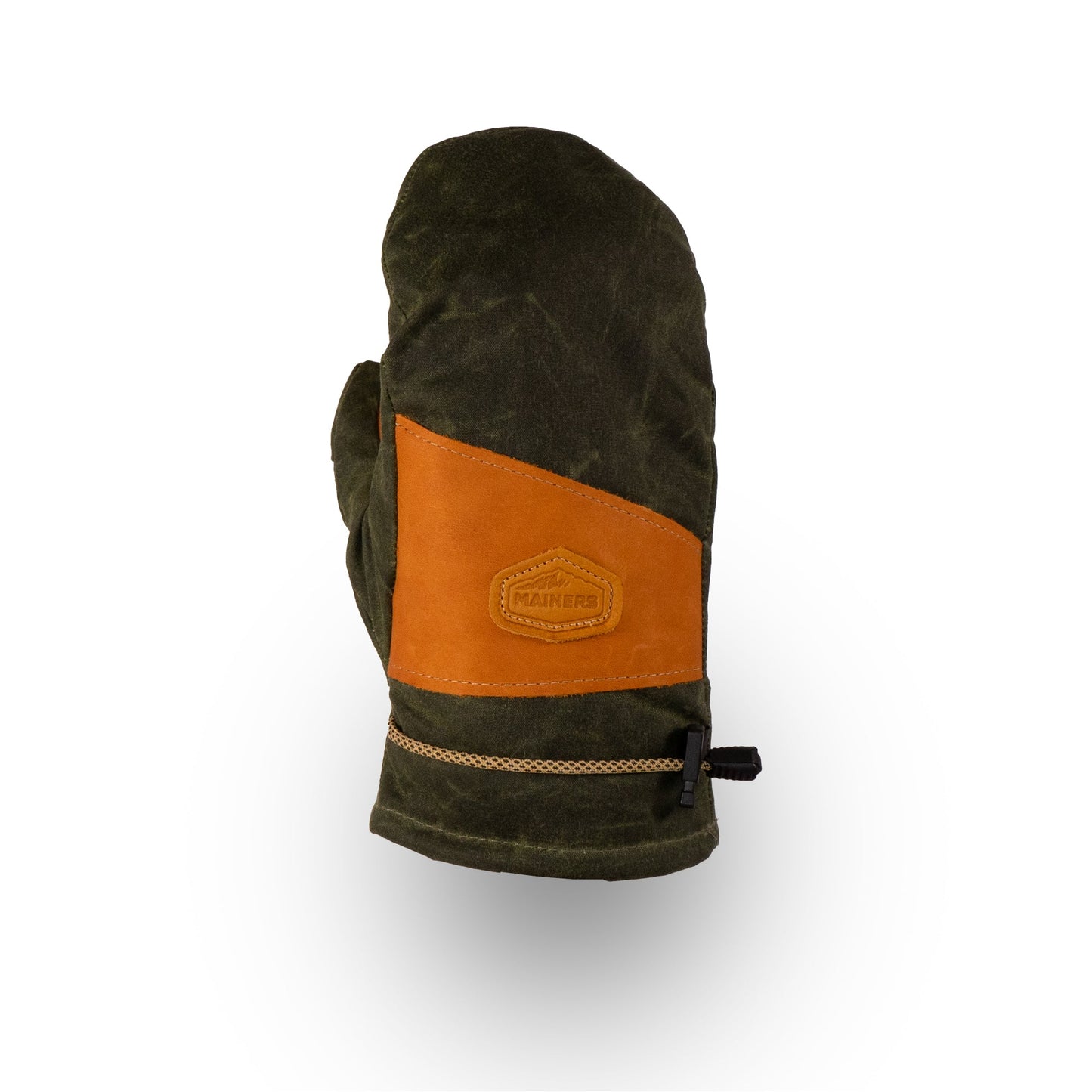 The Portland Mitts by Mainers are green and brown mittens that feature a leather palm, a waxed canvas strap, and a classic leather patch.