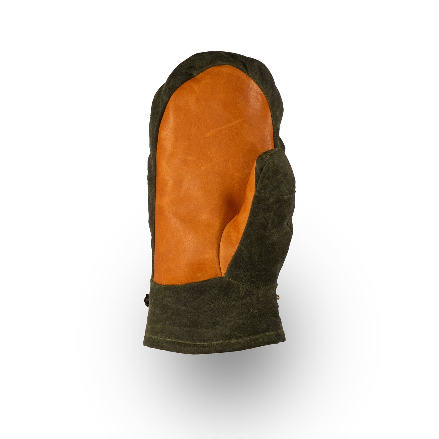 A Portland Mitt from Mainers, showcasing a waxed canvas exterior in green and a brown leather palm, is positioned upright against a white background.