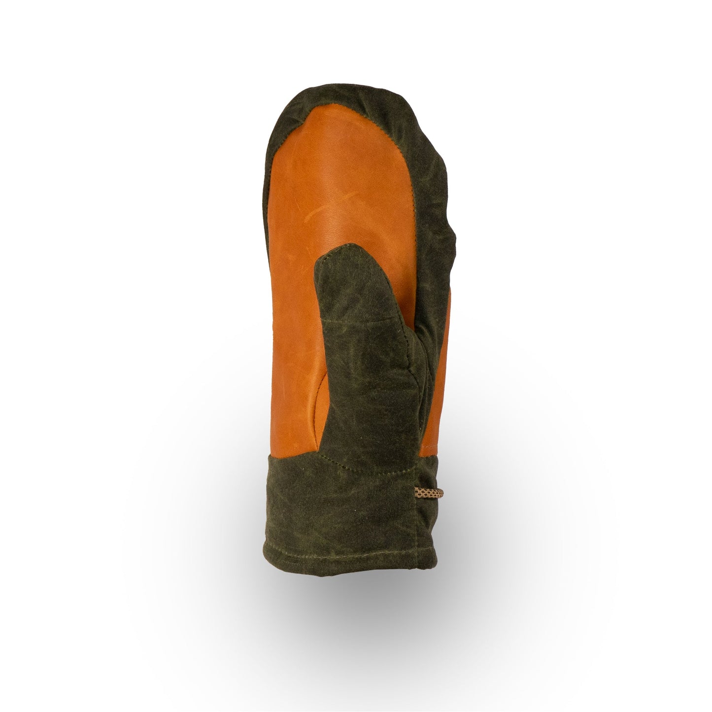 A single Mainers Portland Mitts crafted with waxed canvas and a textured leather palm, shown against a white backdrop.