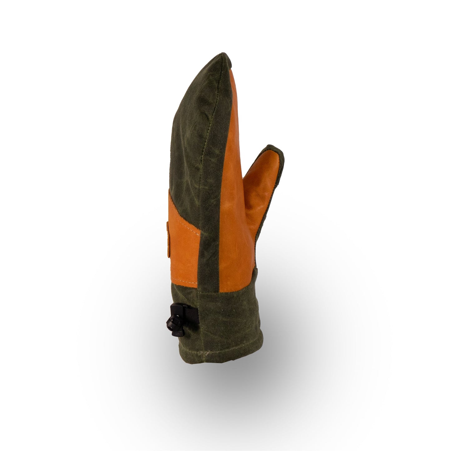 The Mainers Portland Mitts boast a striking green and orange insulated design, complemented by a durable leather palm and sleek black buckle, showcased elegantly from the side against a white background.