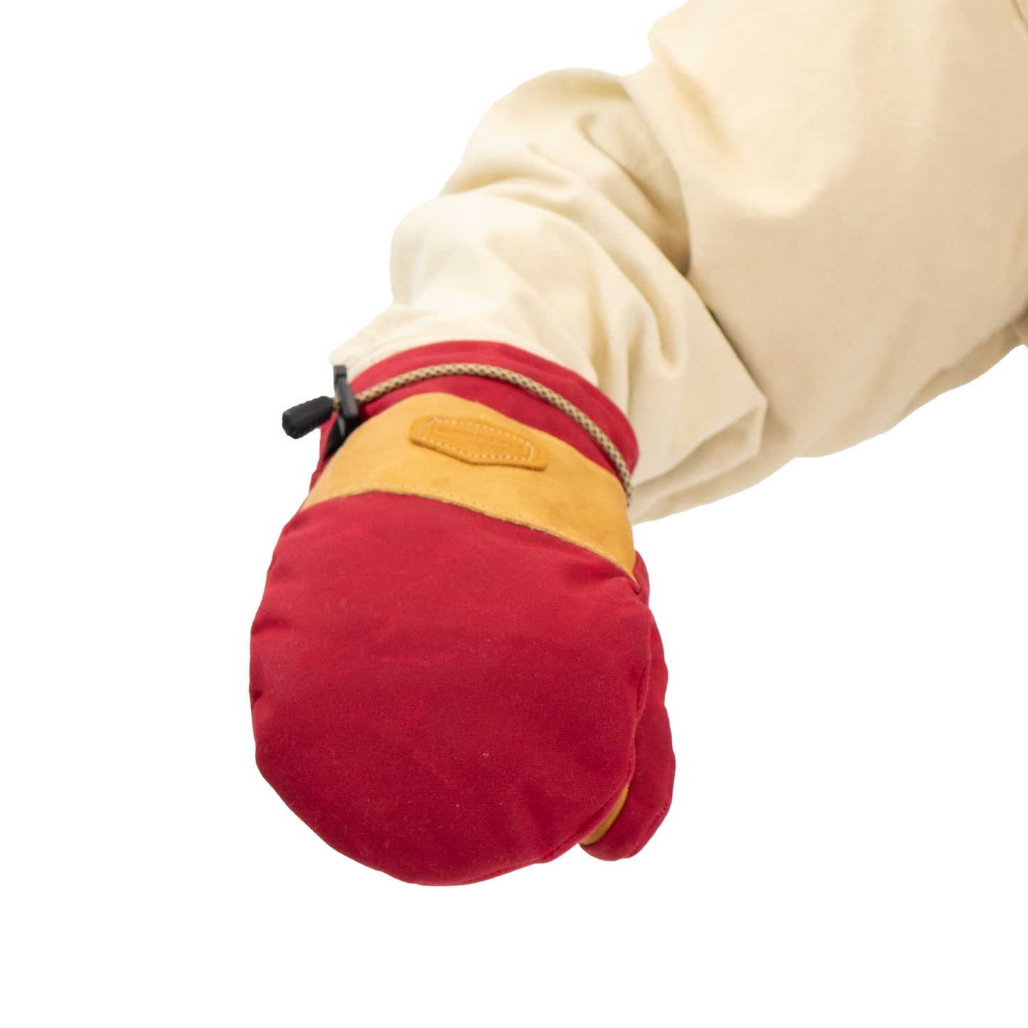 Red and tan mitten on a white background