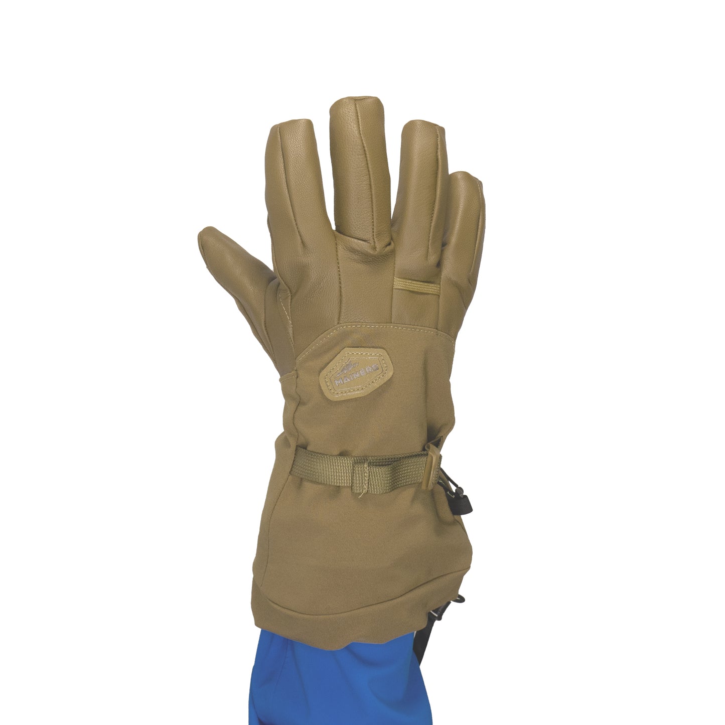 A Mainers Rangeley Glove featuring a strap, raised on a right hand against a simple backdrop, captures the adventurous essence of the Maine wilderness.