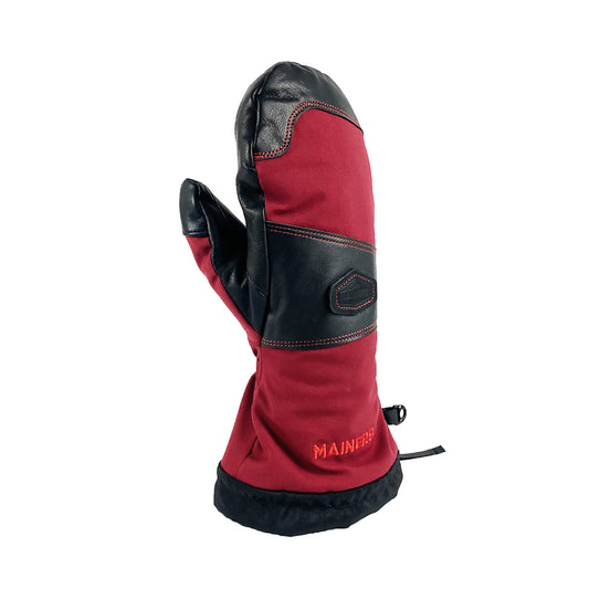 A durable red and black Mainers Mitts on a white background.