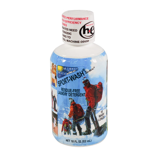 A bottle of Mainers Sport Wash 18 oz with a picture of people on it, designed to remove odors.