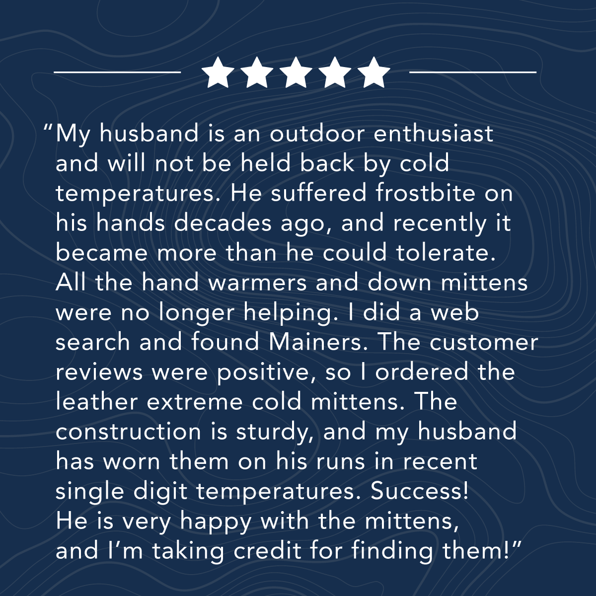 Five-star review about effective leather mittens for cold weather shared by a satisfied customer, mentioning their outdoor-enthusiast spouse and the positive impact on winter activities.