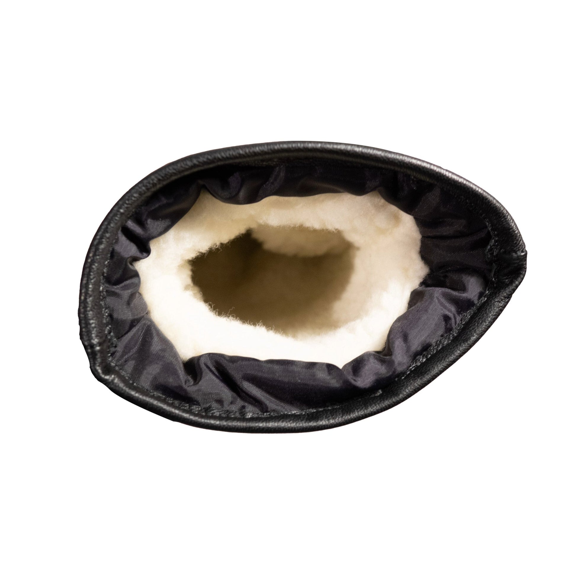 The inside view of the Portland All-Leather Mitts, crafted by Mainers, showcases exquisite Maine craftsmanship with a luxurious wool-pile lining that provides unmatched warmth and comfort in black and white.