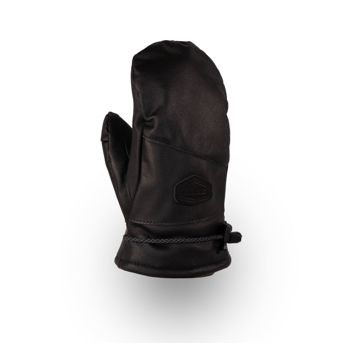 The Portland All-Leather Mitts by Mainers, crafted in Maine, feature black leather with stitched details and an adjustable wrist strap. They boast a cozy wool-pile lining and are elegantly displayed on a white background.