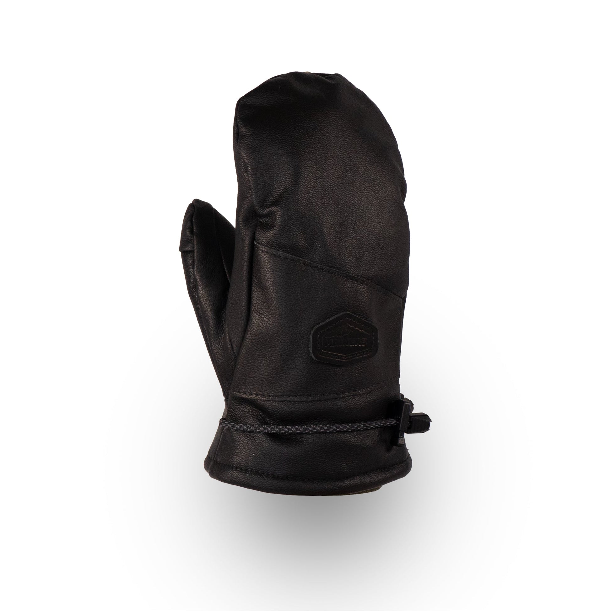 The Portland All-Leather Mitts by Mainers, crafted in Maine, feature black leather with stitched details and an adjustable wrist strap. They boast a cozy wool-pile lining and are elegantly displayed on a white background.