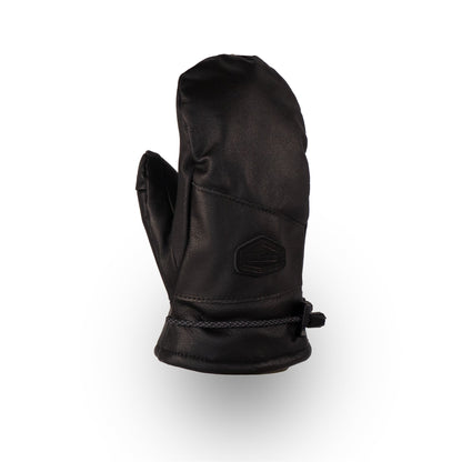 The Portland All-Leather Mitts by Mainers, crafted in Maine, feature black leather with stitched details and an adjustable wrist strap. They boast a cozy wool-pile lining and are elegantly displayed on a white background.