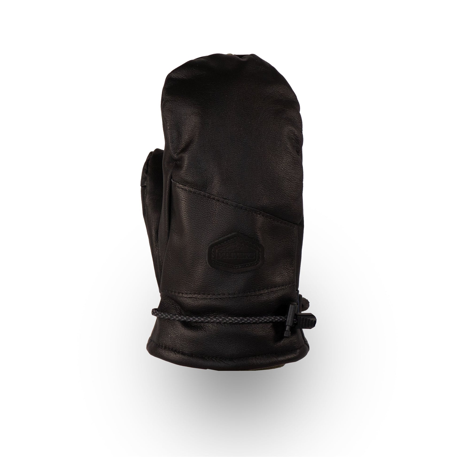 The Portland All-Leather Mitts by Mainers, crafted in Maine, feature a drawstring closure and a logo on the back.