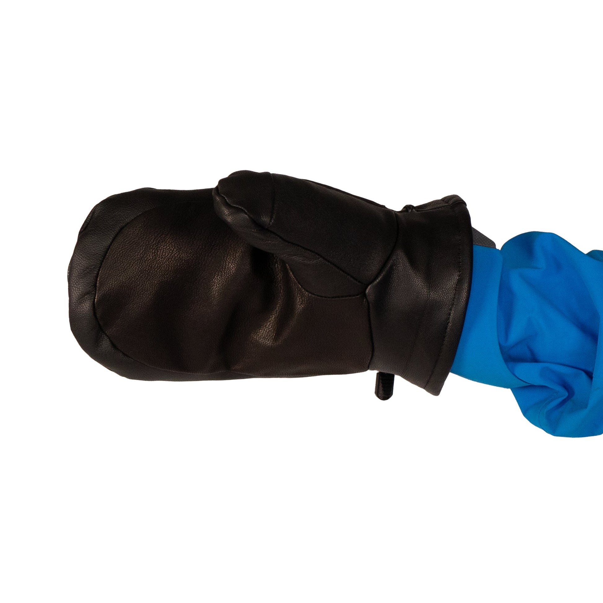 A person wearing the Portland All-Leather Mitts by Mainers, showcasing the finesse of Maine craftsmanship, extends their arm over a blue sleeve.