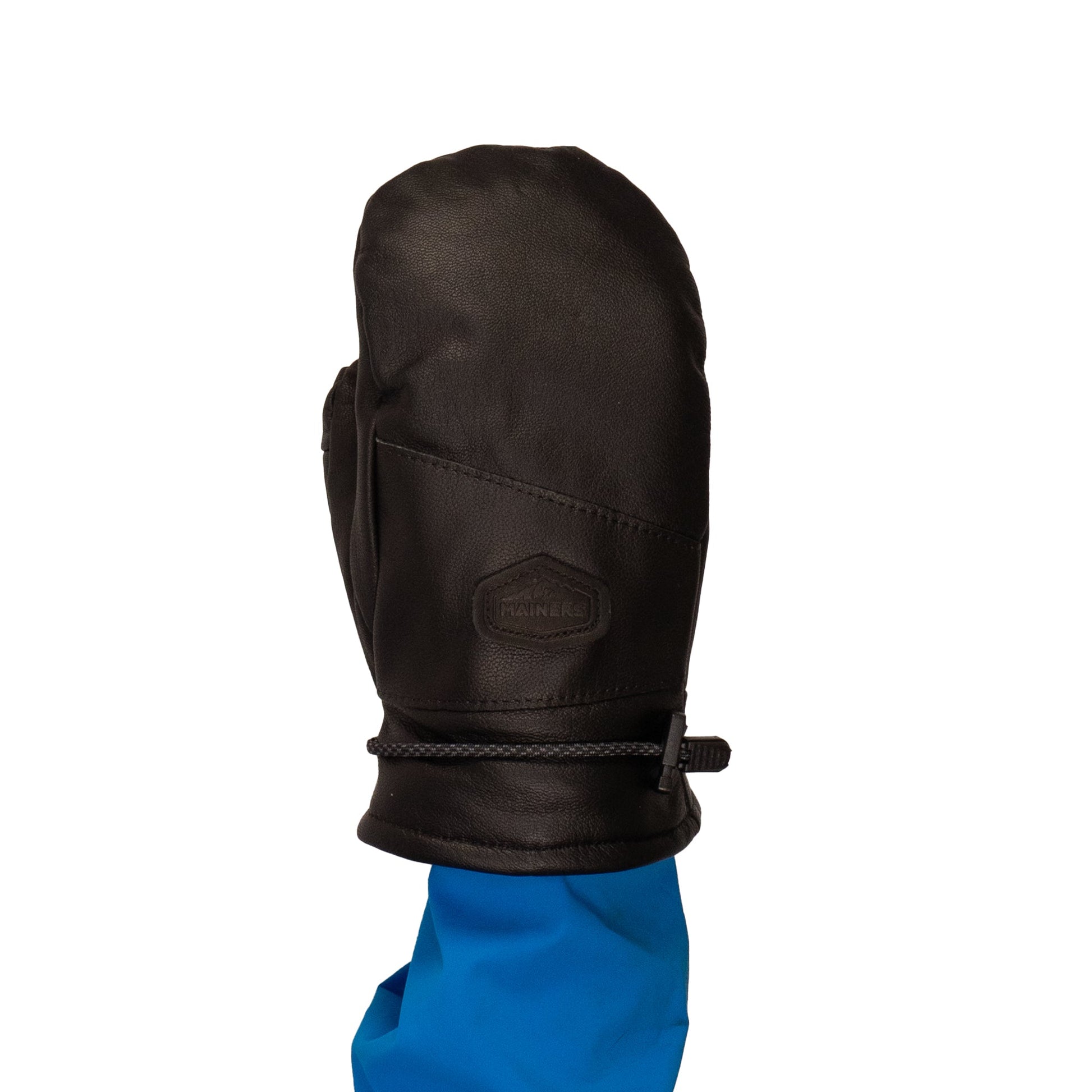The Portland All-Leather Mitts by Mainers, featuring a luxurious wool-pile lining, are displayed on a hand in a blue sleeve against a white background, exemplifying the finesse of Maine craftsmanship.