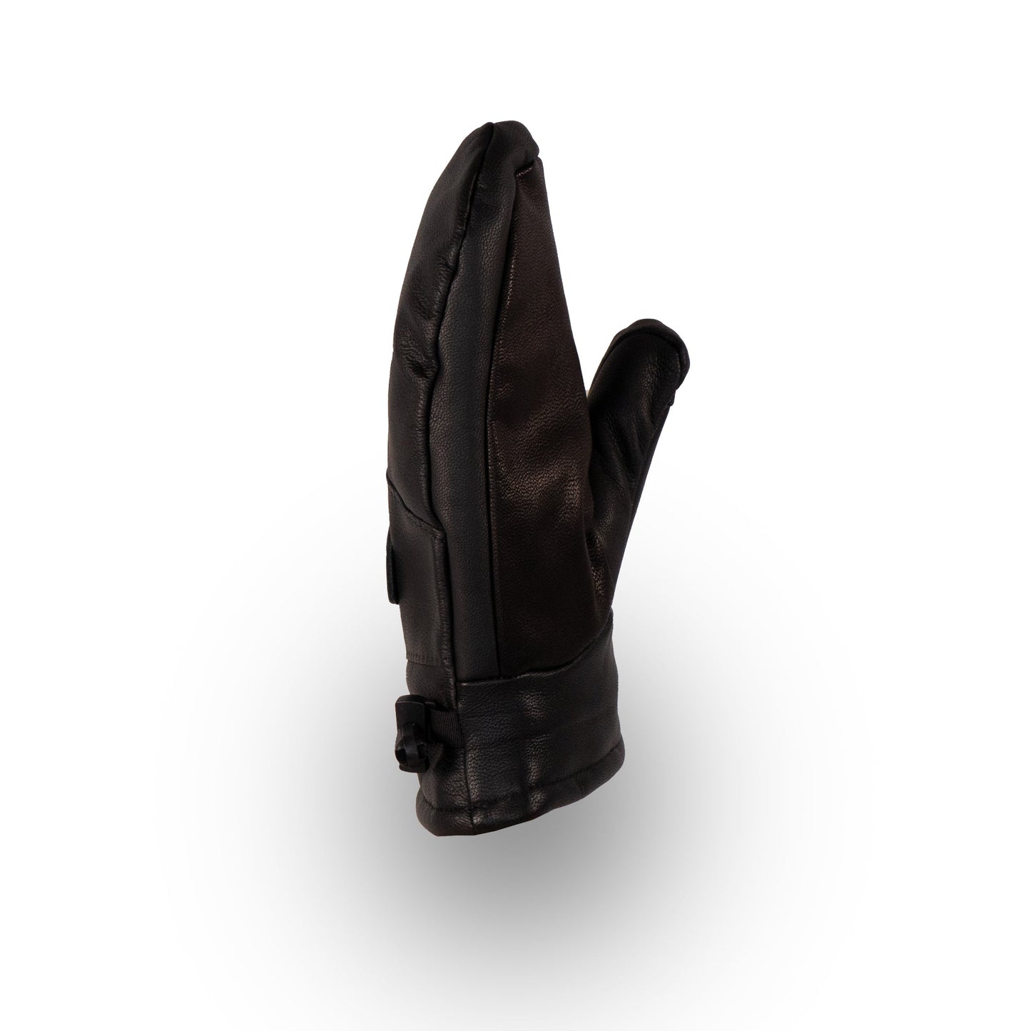 The Portland All-Leather Mitts by Mainers, showcasing Maine craftsmanship, features a single black mitten with a buckle strap on a white background.