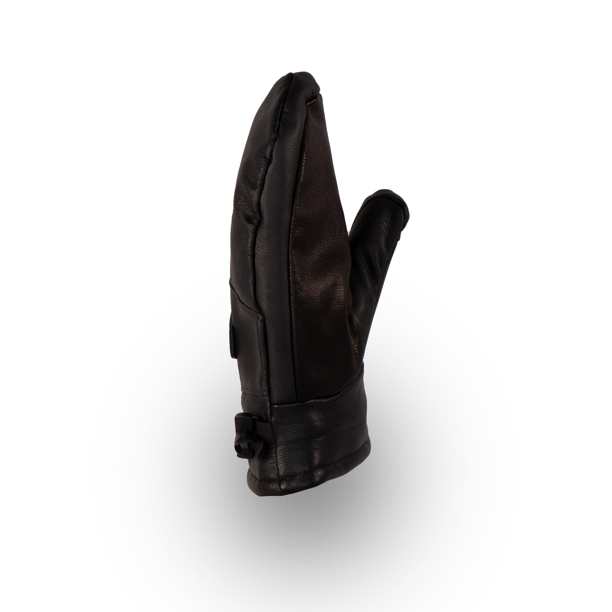 The Portland All-Leather Mitts by Mainers, showcasing Maine craftsmanship, features a single black mitten with a buckle strap on a white background.