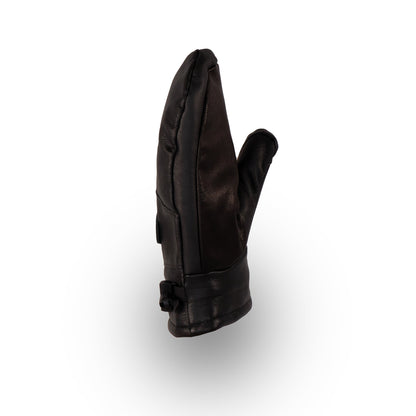 The Portland All-Leather Mitts by Mainers, showcasing Maine craftsmanship, features a single black mitten with a buckle strap on a white background.