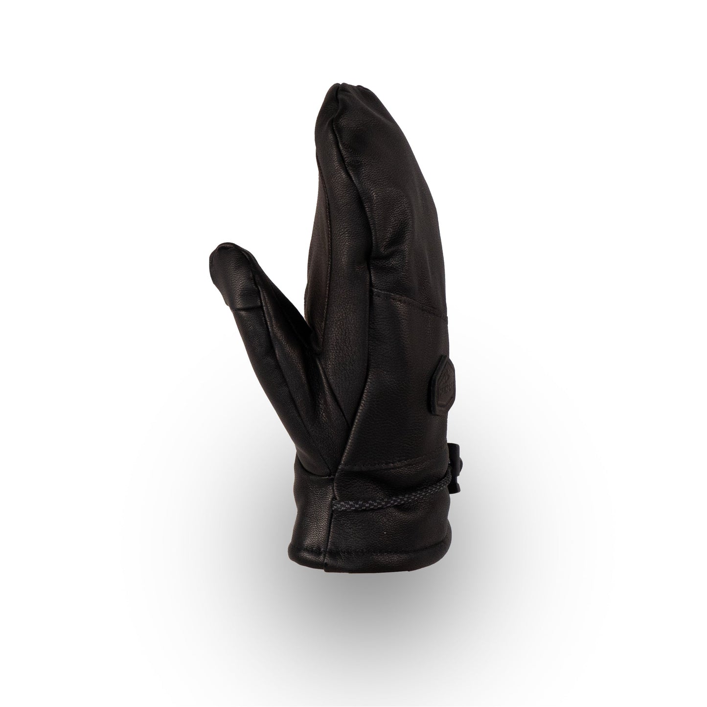 A single black Portland All-Leather Mitt by Mainers is displayed upright against a white background, highlighting Maine's craftsmanship in premium leather.