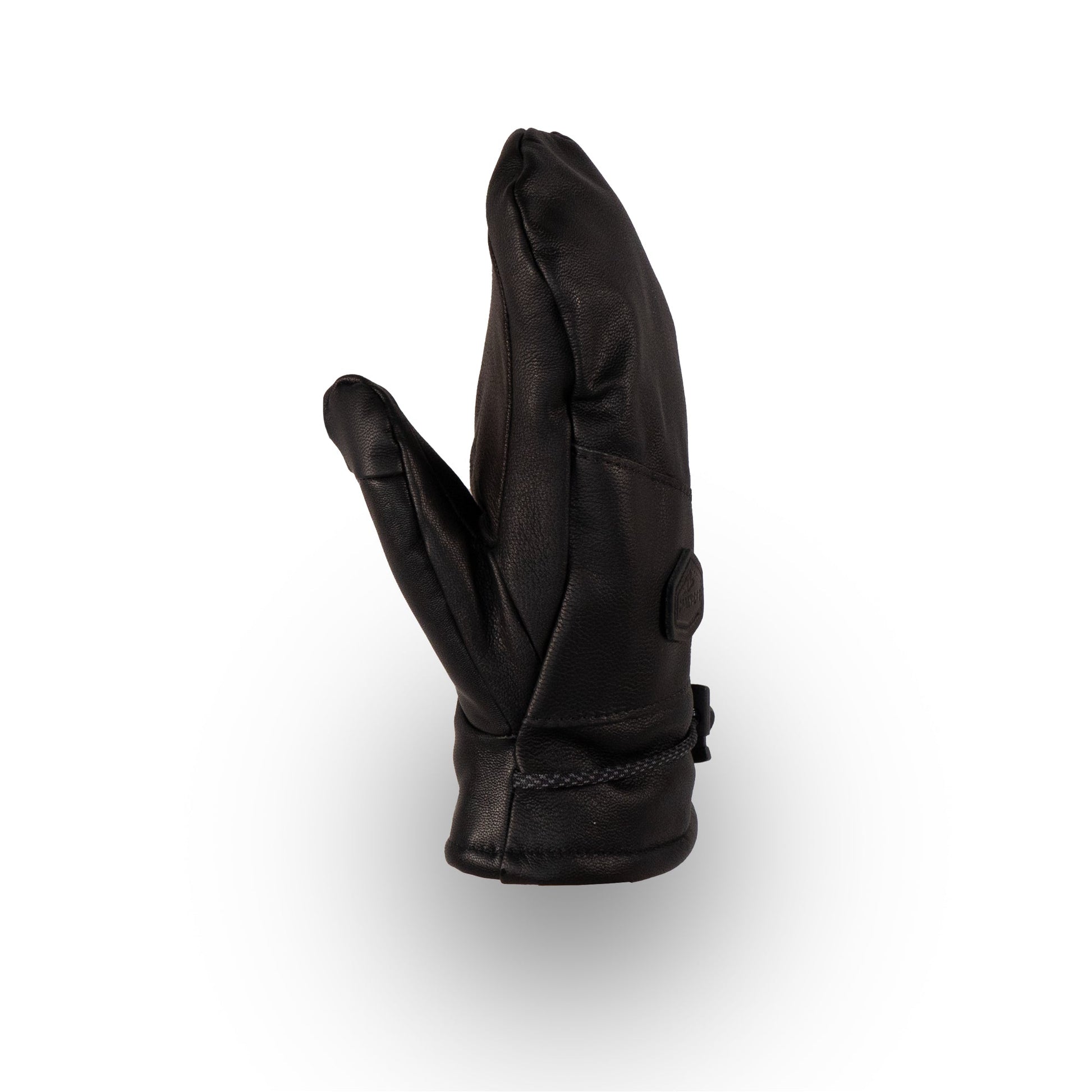 A single black Portland All-Leather Mitt by Mainers is displayed upright against a white background, highlighting Maine's craftsmanship in premium leather.