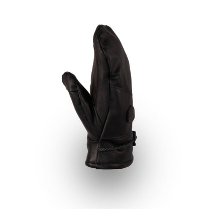 A single black Portland All-Leather Mitt by Mainers is displayed upright against a white background, highlighting Maine's craftsmanship in premium leather.