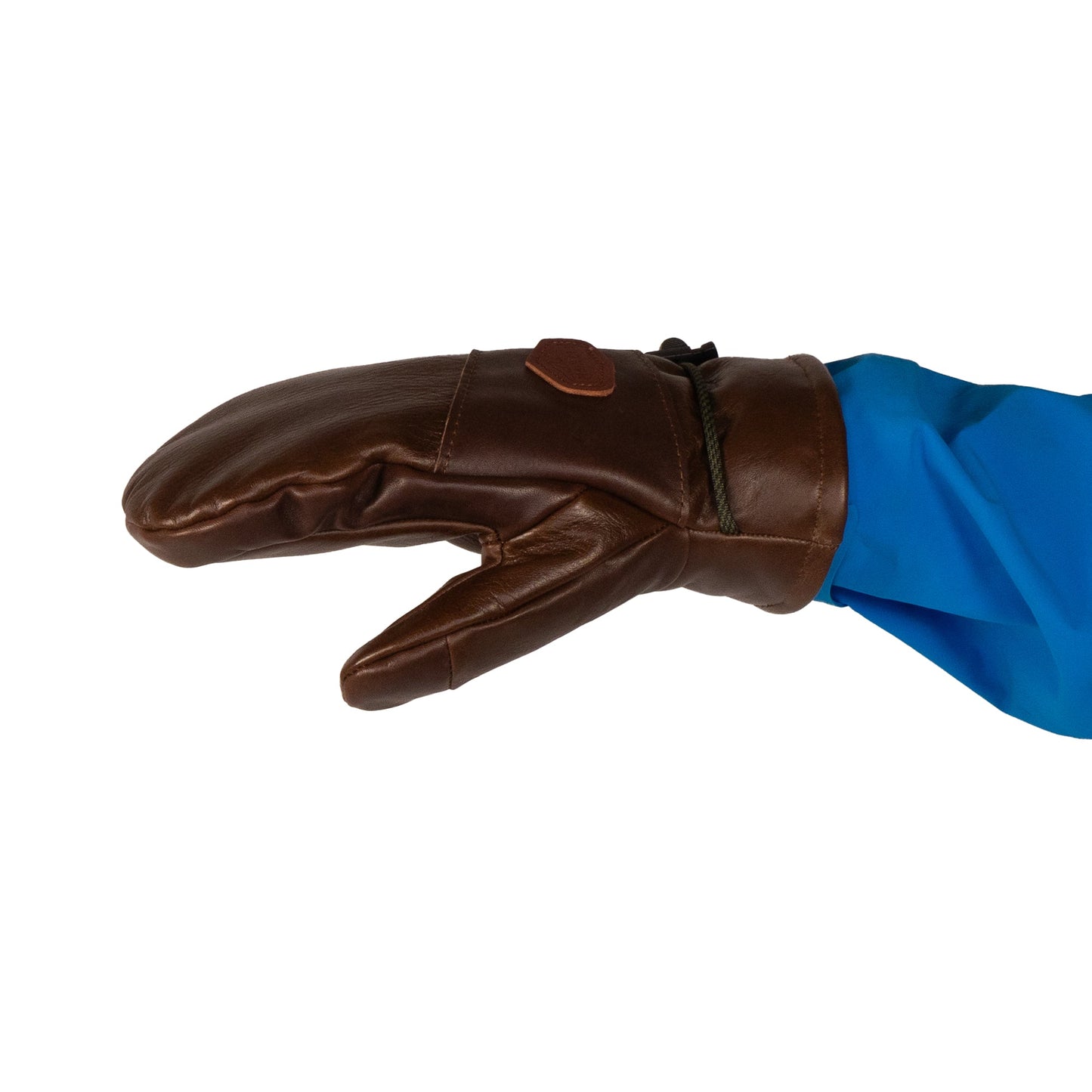 A person wearing Mainers’ Portland All-Leather Mitts along with a blue jacket sleeve.