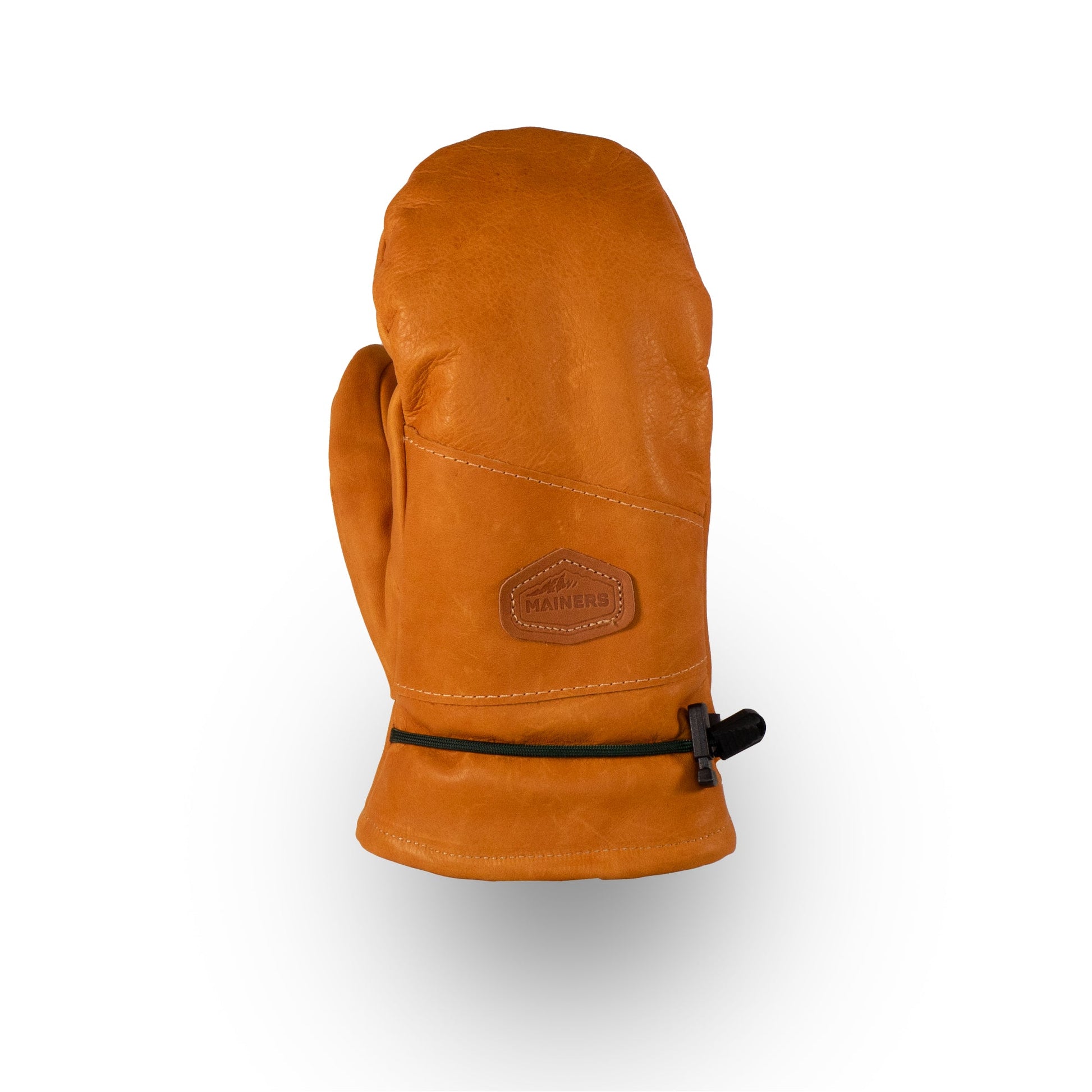 One Portland All-Leather Mitt from Mainers, made of brown leather and highlighting exquisite craftsmanship from Maine, includes a cinch at the wrist against a plain white background.