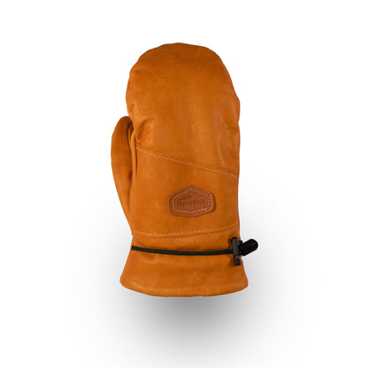 One Portland All-Leather Mitt from Mainers, made of brown leather and highlighting exquisite craftsmanship from Maine, includes a cinch at the wrist against a plain white background.