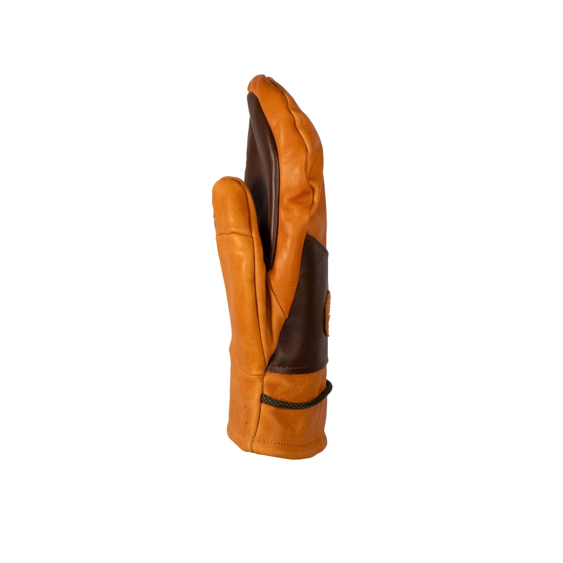 A single Portland All-Leather Mitt by Mainers, crafted in brown and tan leather and exemplifying exquisite Maine craftsmanship, stands upright with a visible seam and logo.