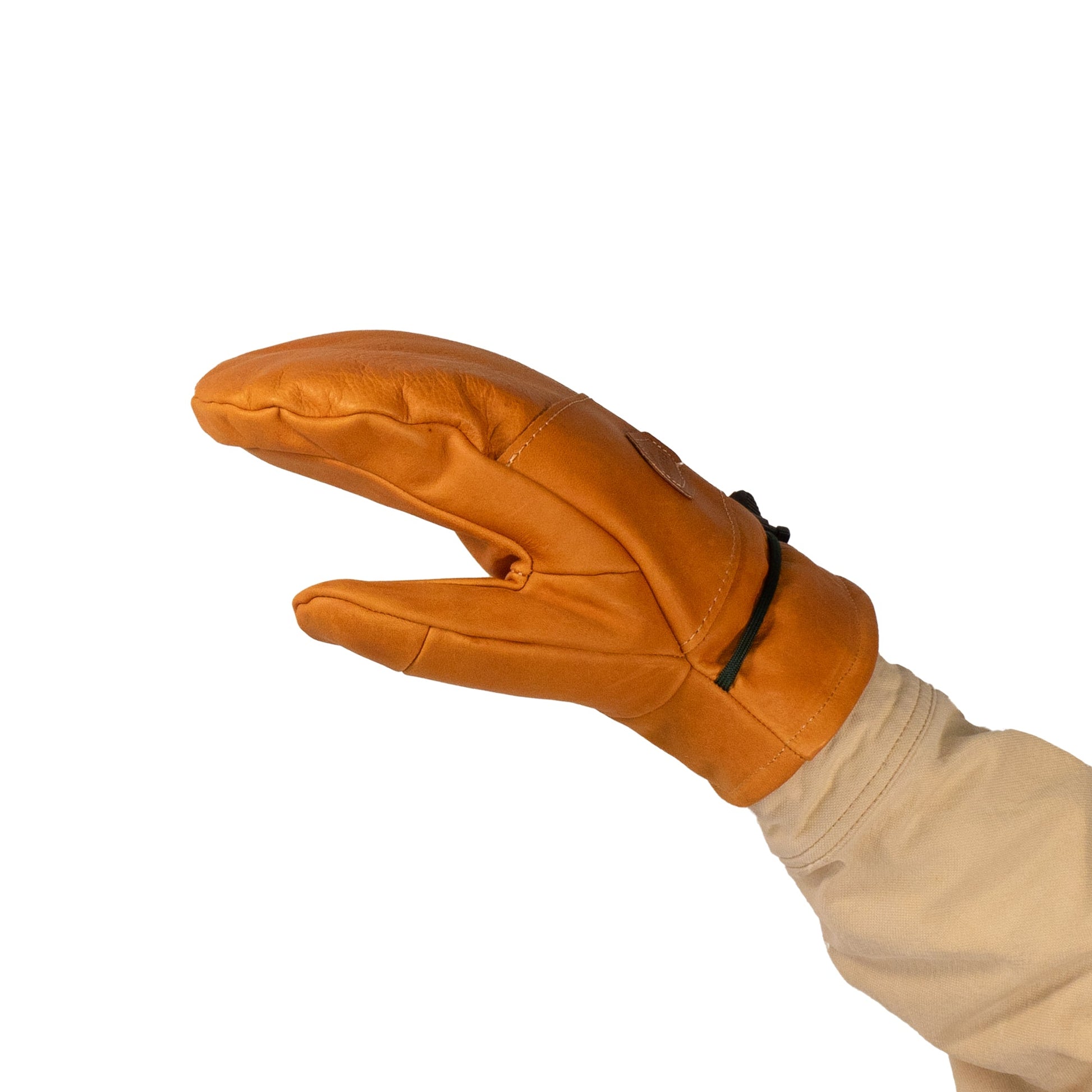A hand is adorned with a Portland All-Leather Mitt from Mainers, showcasing exquisite Maine craftsmanship in the form of a brown lobster claw-shaped mitten lined with soft wool-pile, all set against a plain white background.