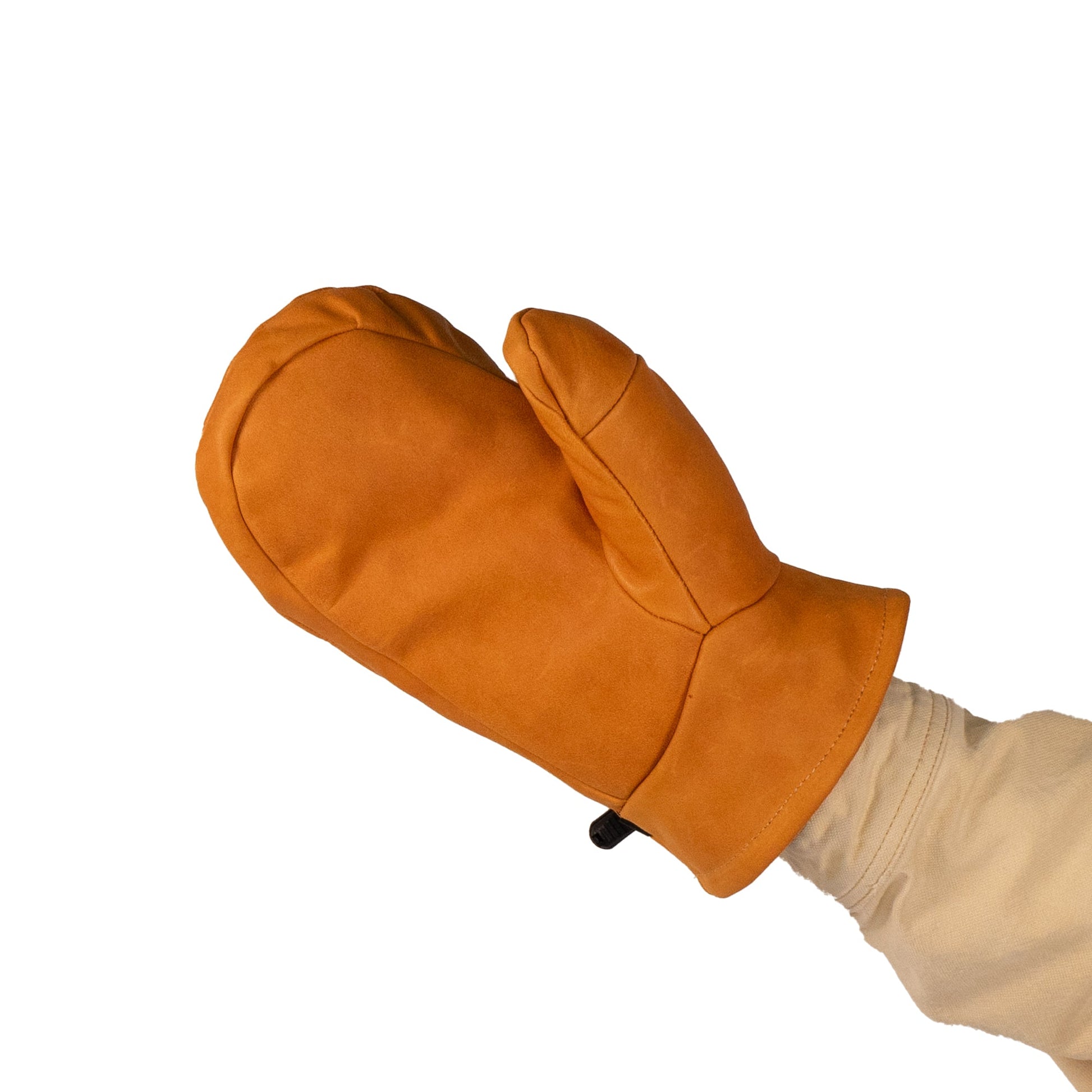 A Portland All-Leather Mitt from Mainers, showcasing exquisite Maine craftsmanship, is displayed on a person's hand against a plain white background.