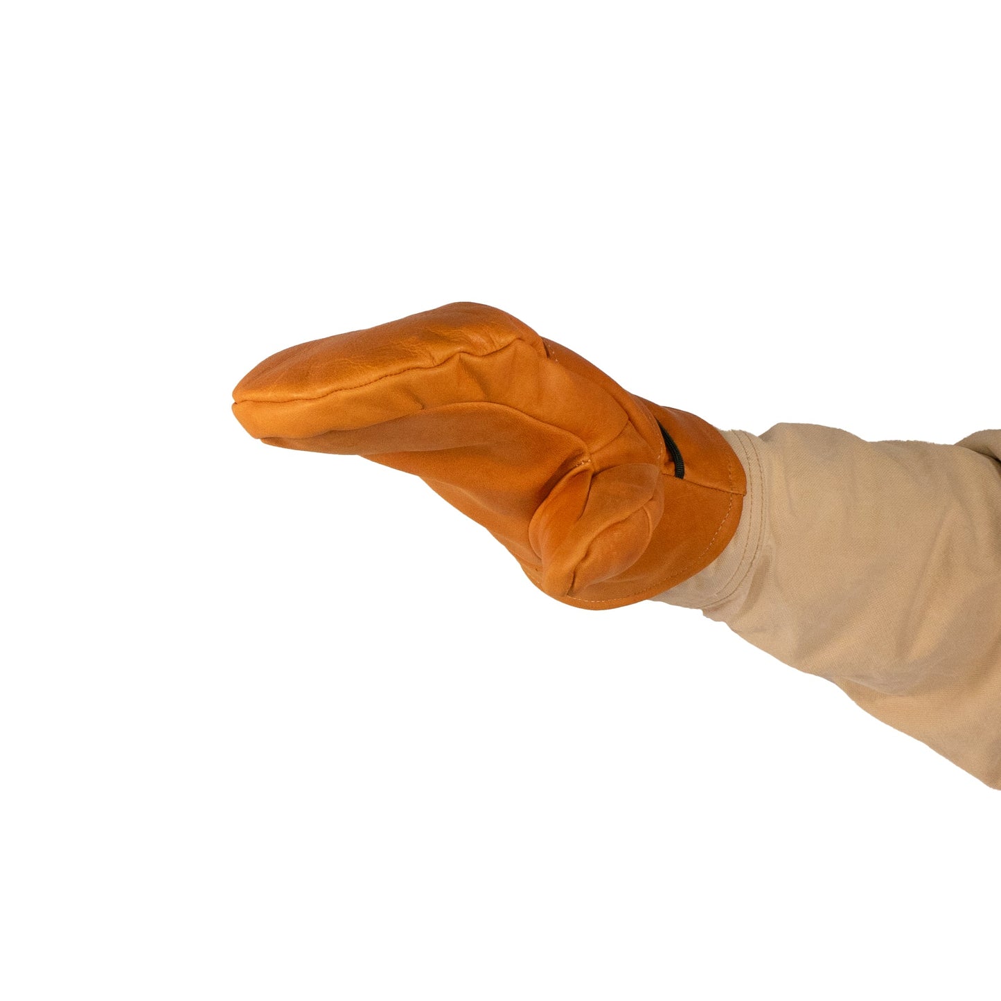 A person wearing a beige sleeve and the expertly crafted Portland All-Leather Mitts by Mainers, featuring an orange leather design with wool-pile lining, is extending their hand forward, showcasing the elegance of Maine craftsmanship.