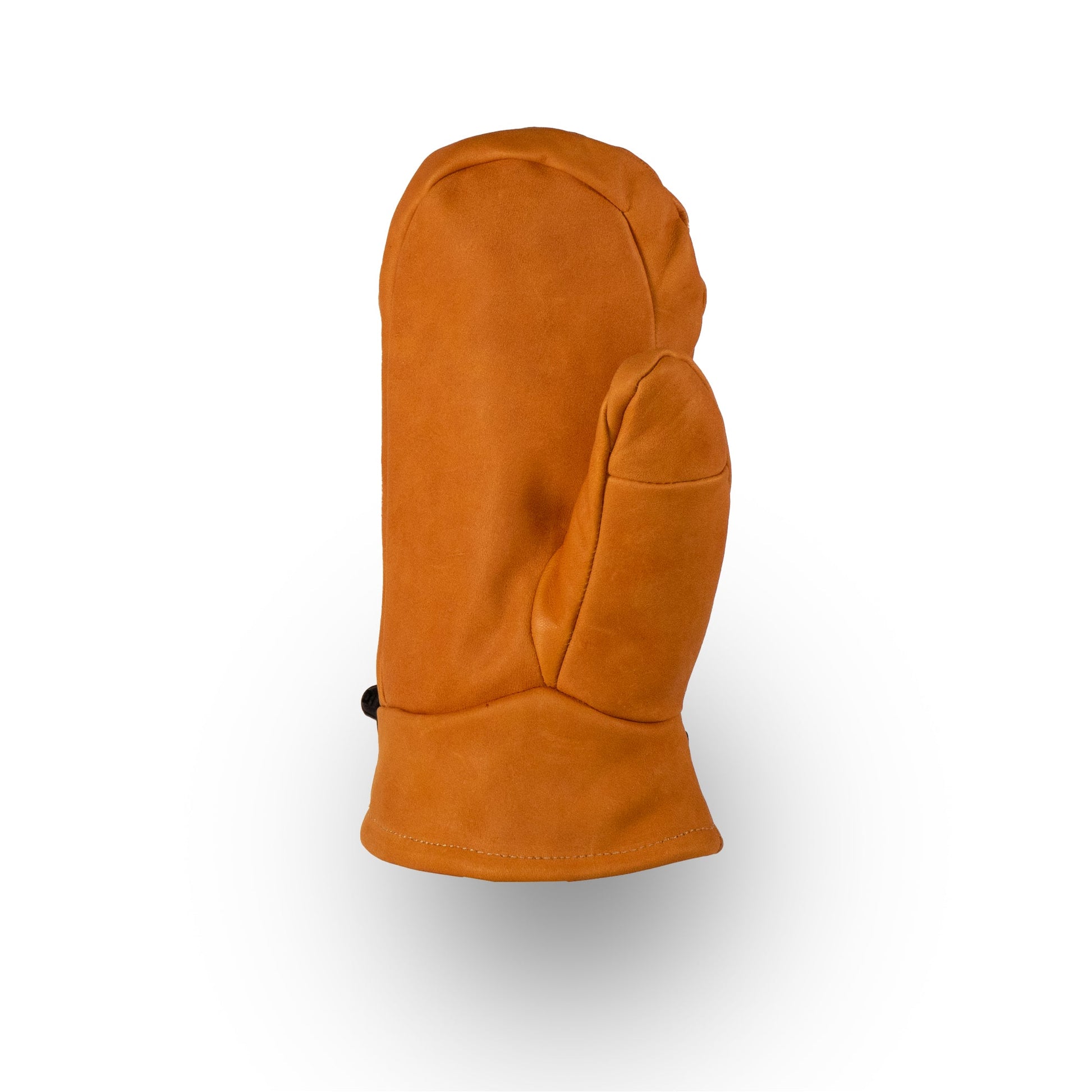 A Portland All-Leather Mitt by Mainers, showcasing the precision of Maine craftsmanship, stands upright on a white background.