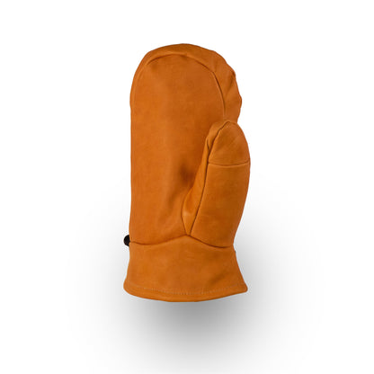 A Portland All-Leather Mitt by Mainers, showcasing the precision of Maine craftsmanship, stands upright on a white background.