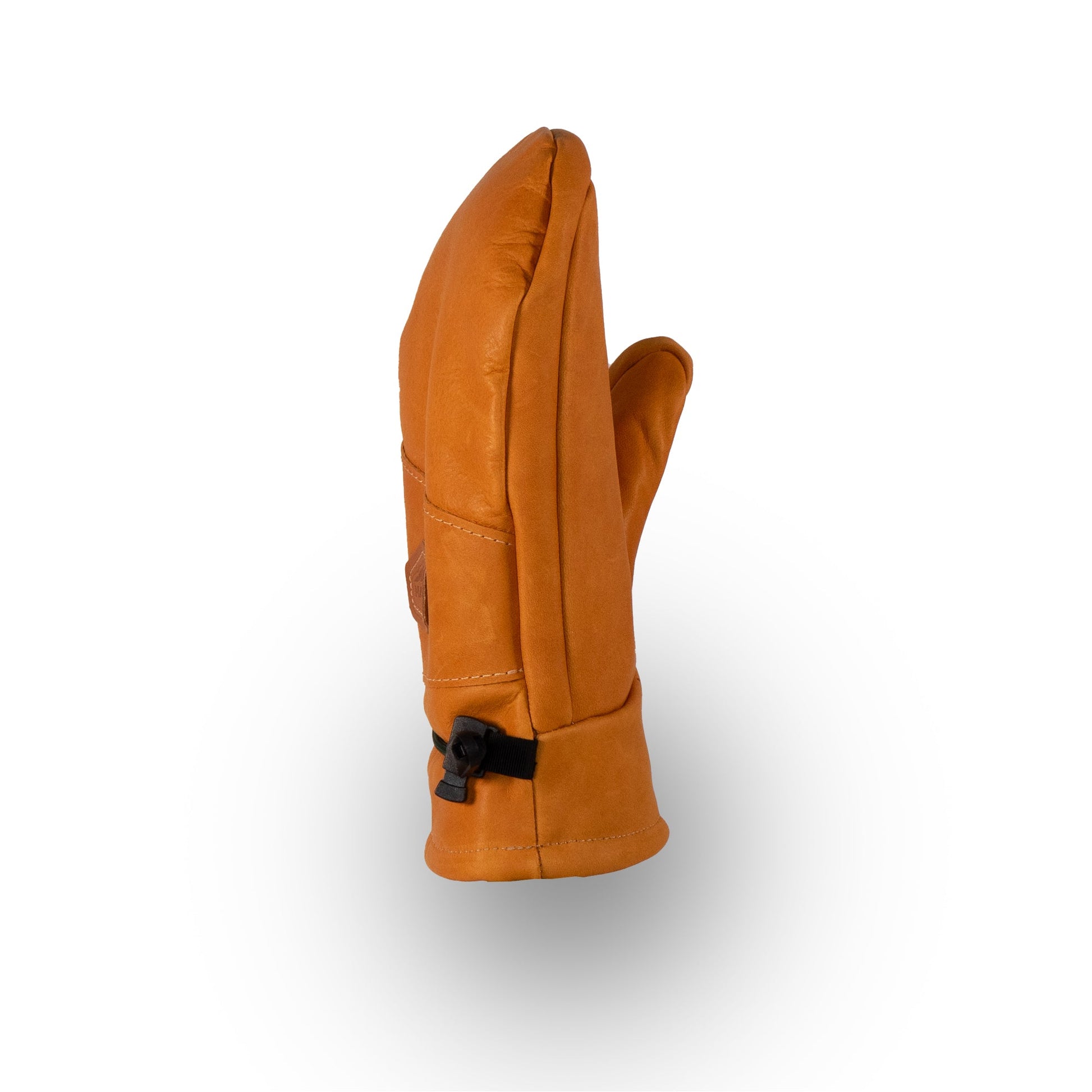 Exemplifying the craftsmanship of Maine, the Portland All-Leather Mitts by Mainers feature a rich brown leather design with a stylish buckle and visible stitching, standing upright against a white background to exude quality and elegance.