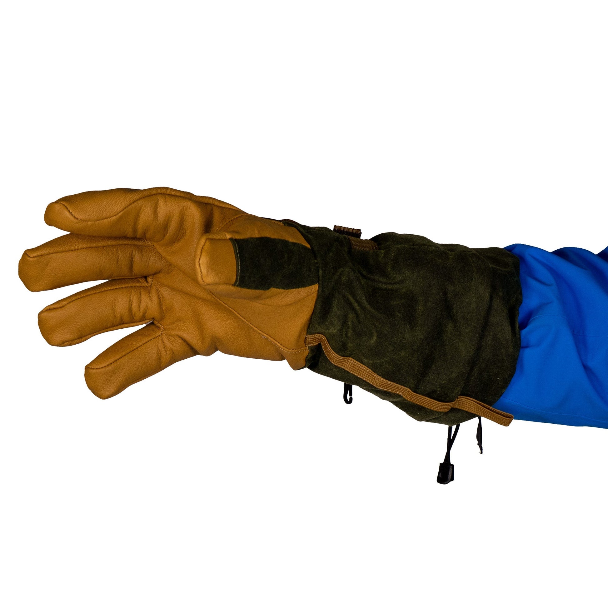 A Mainers Bethel Glove in brown and green, complemented by a blue sleeve, features extended fingers and is displayed against a white background, highlighting its exceptional outdoor performance.