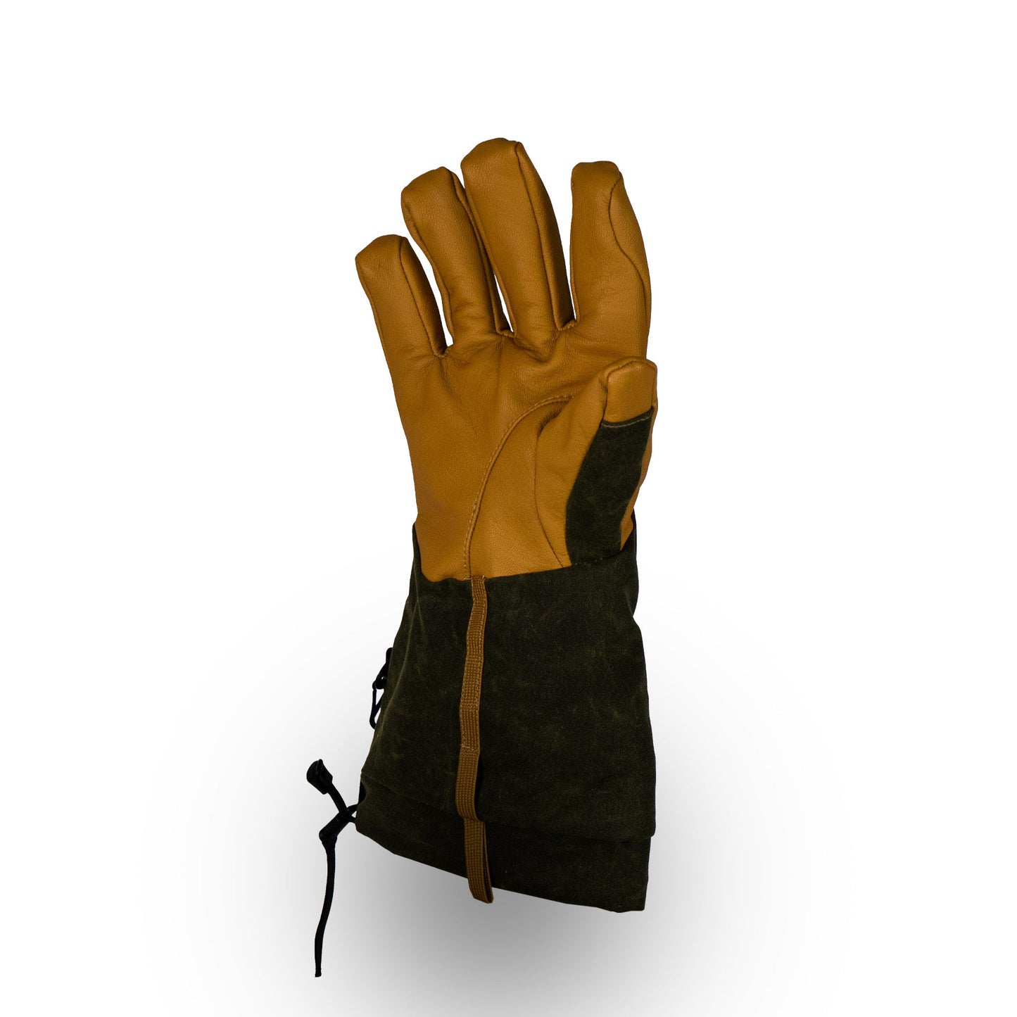 The Bethel Glove by Mainers, made from waxed canvas, features a unique brown and green design with extended fingers and a drawstring cuff, ideal for boosting outdoor performance. It is presented on a white background, emphasizing its functional elegance.