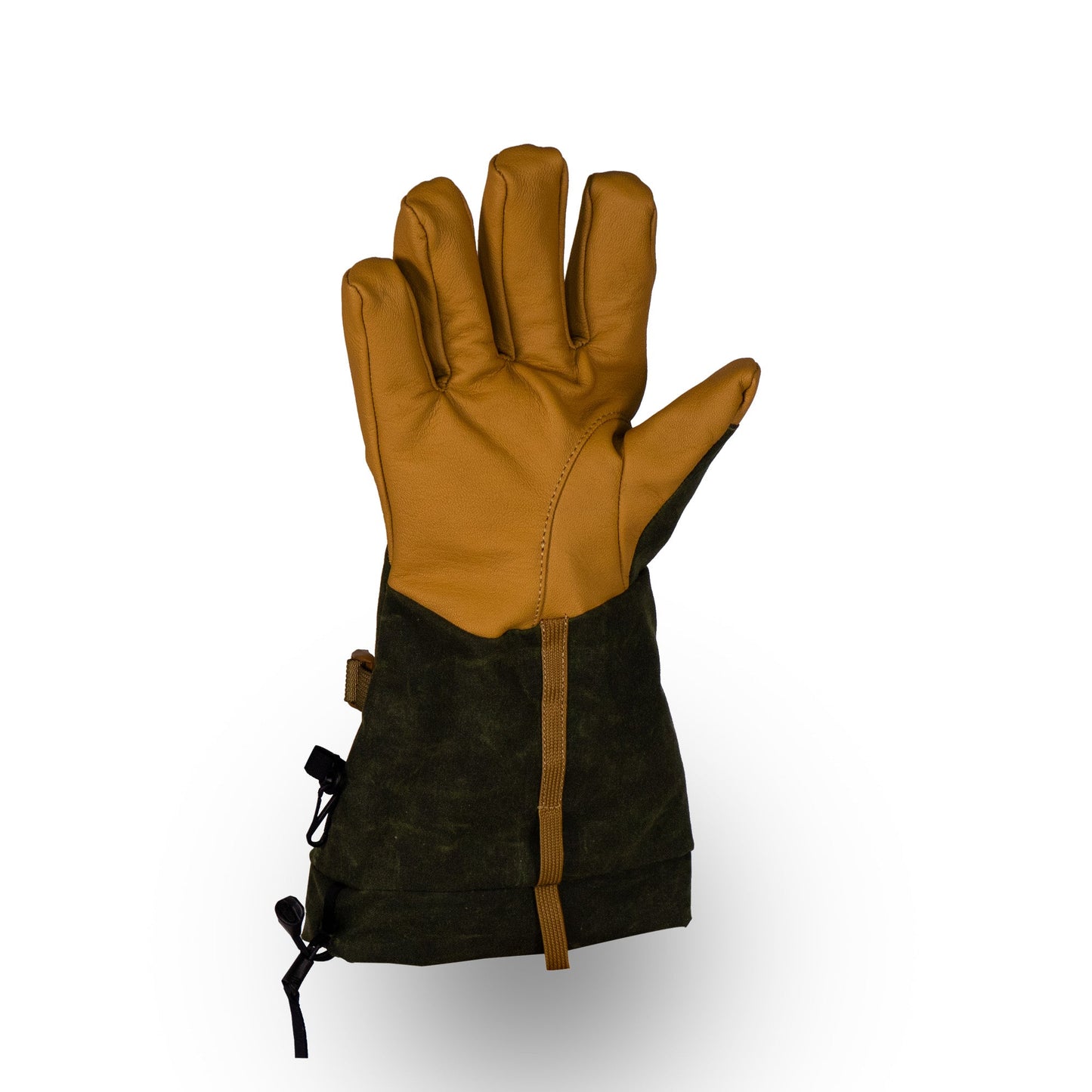 The Mainers Bethel Glove, made from waxed canvas, is depicted with the palm visible against a white backdrop. Its striking rich brown and dark green hues provide excellent performance for outdoor activities, making it perfect for rugged adventures.