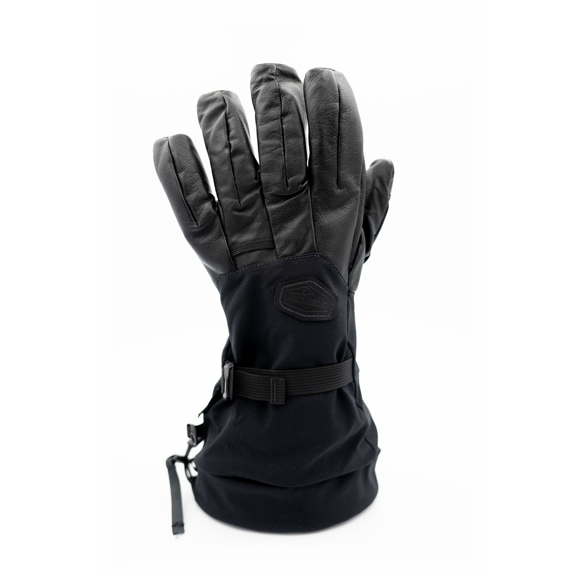 A pair of black Mainers ski gloves on a white background.