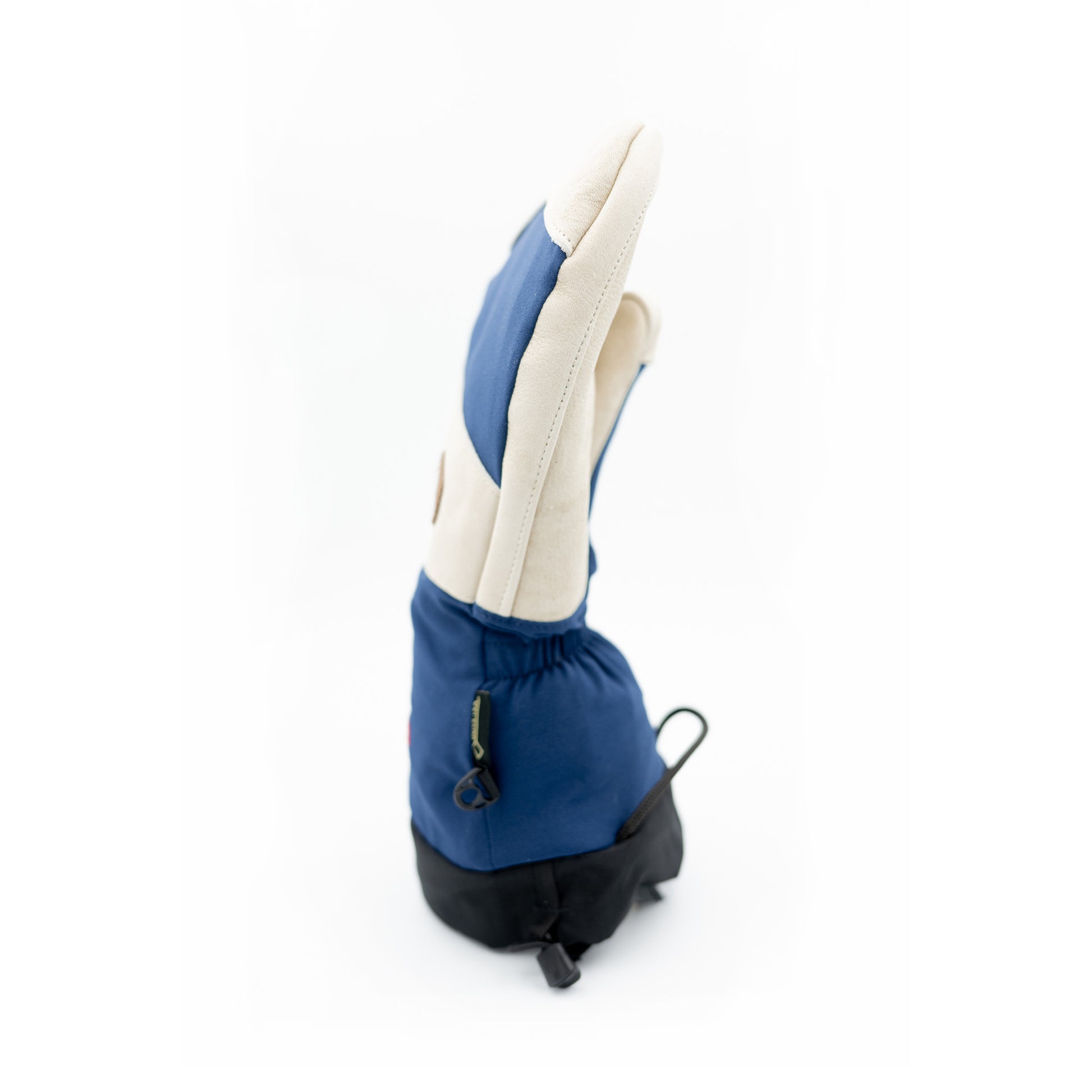 A blue and white Mainers Mitts from Mainers on a white background, designed for resistance and durability.