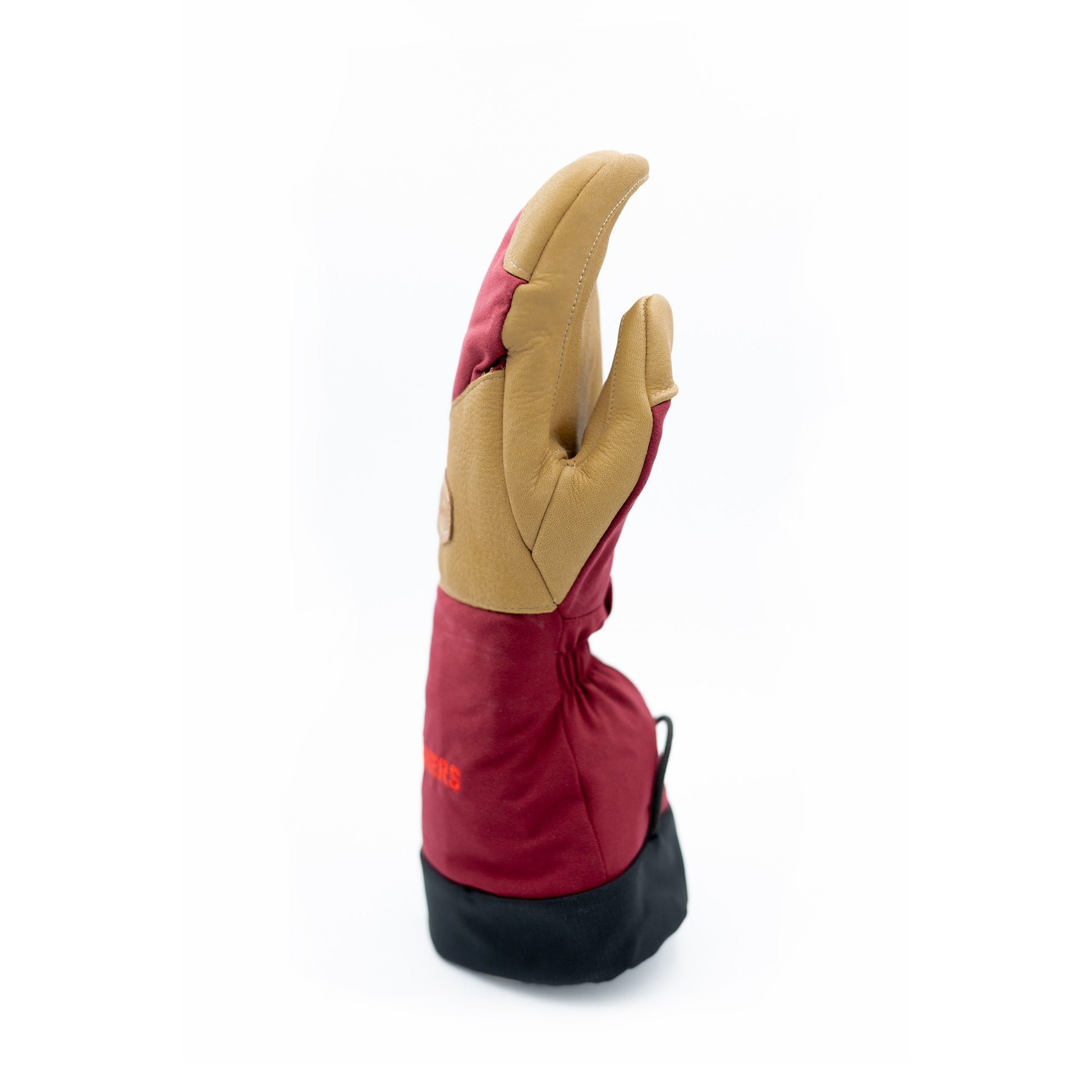 A red and tan Mainers Mitts on a white background, known for its durability.