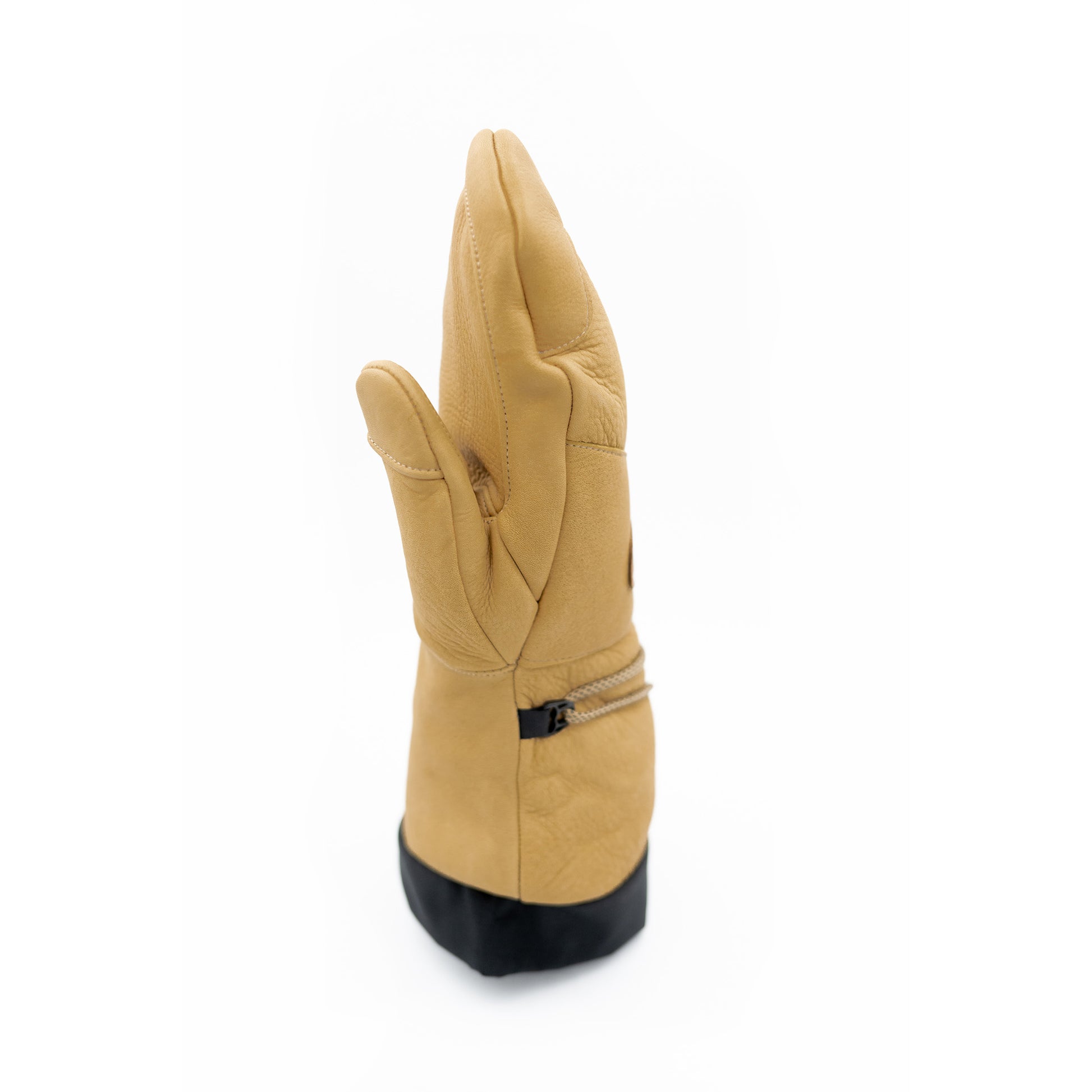 A tan leather Mainers Caribou Mitt exuding Maine's spirit on a white background.
