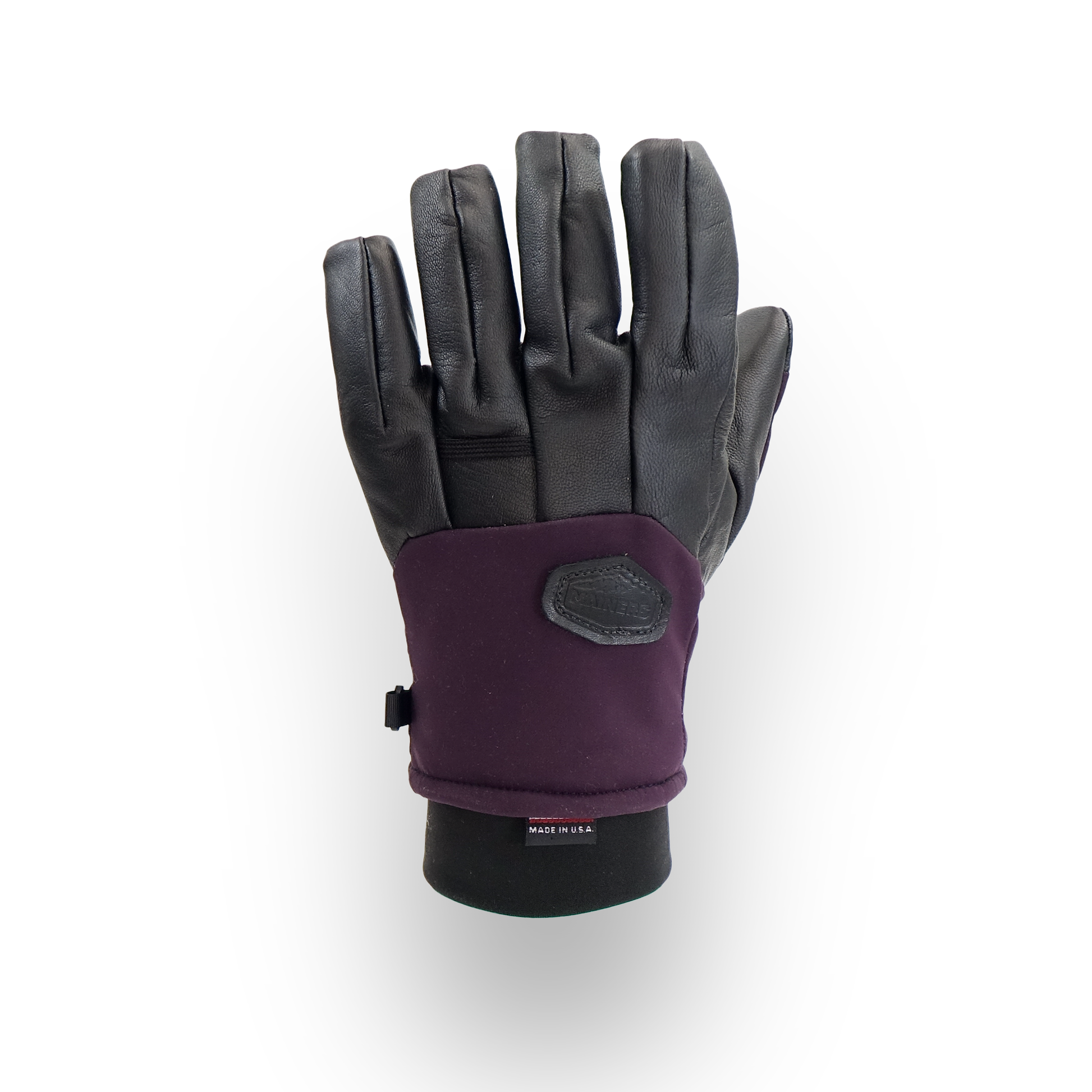 Pair of gloves with purple cuff on a white background